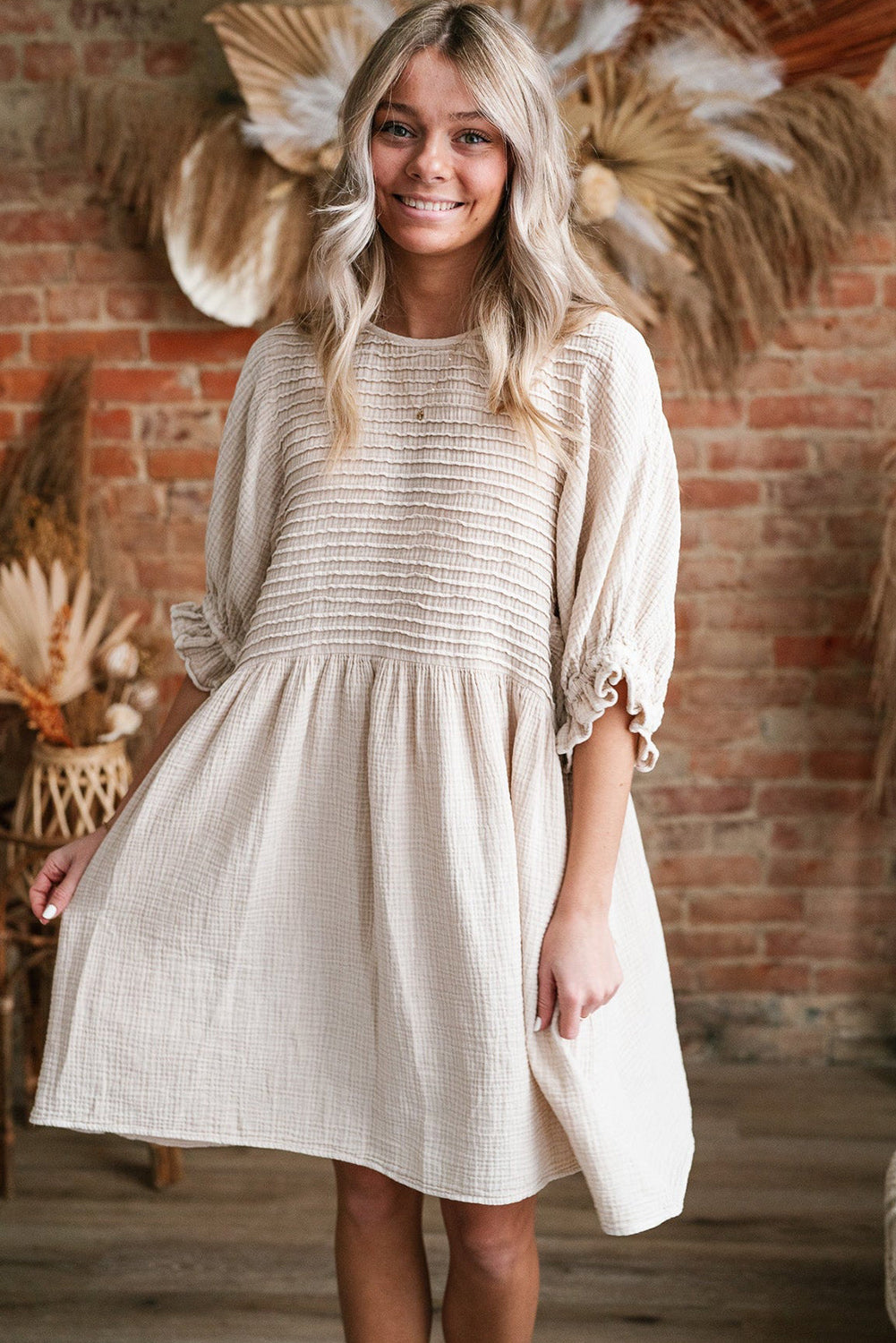 White Textured Ruffled Puff Sleeve Loose Dress-TOPS / DRESSES-[Adult]-[Female]-2022 Online Blue Zone Planet