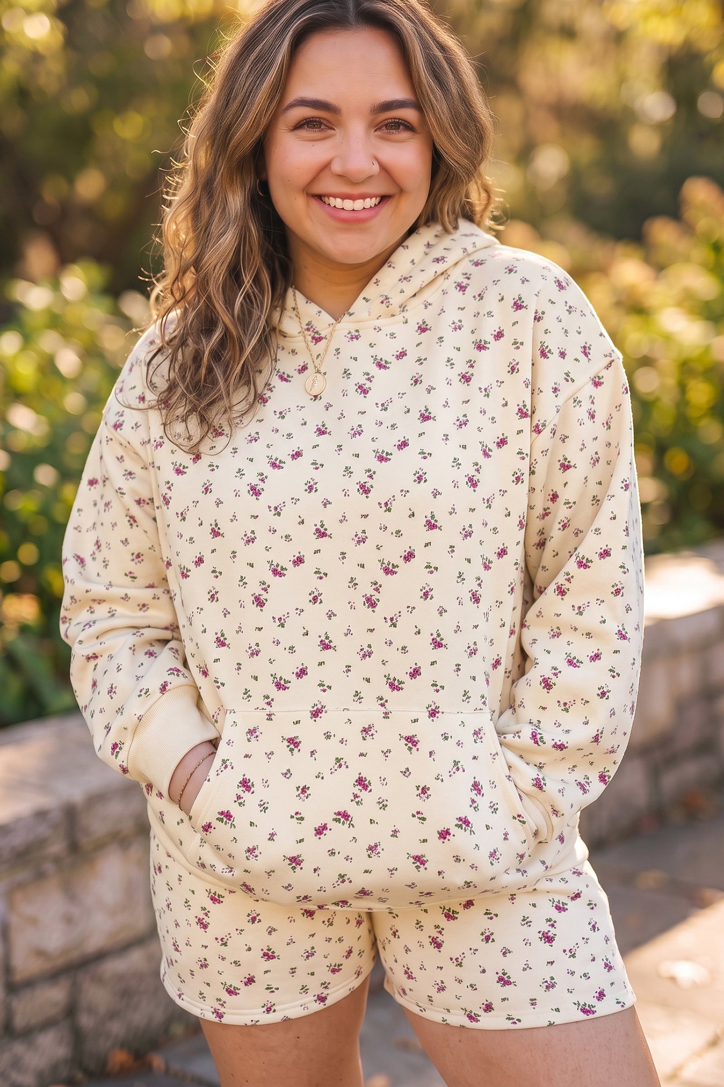 Beige Floral Print Hooded Long Sleeve Plus Size Set-Tops / Dresses-[Adult]-[Female]-2022 Online Blue Zone Planet