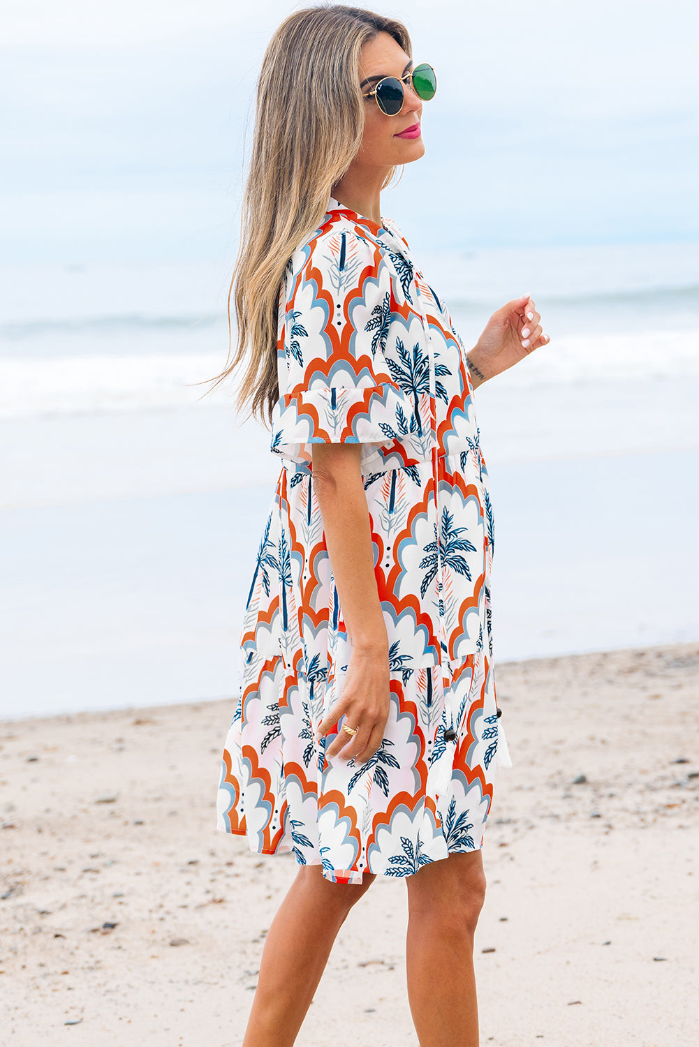 Orange Contrast Palm Tree Printed Short Sleeve Flowy Dress-TOPS / DRESSES-[Adult]-[Female]-2022 Online Blue Zone Planet