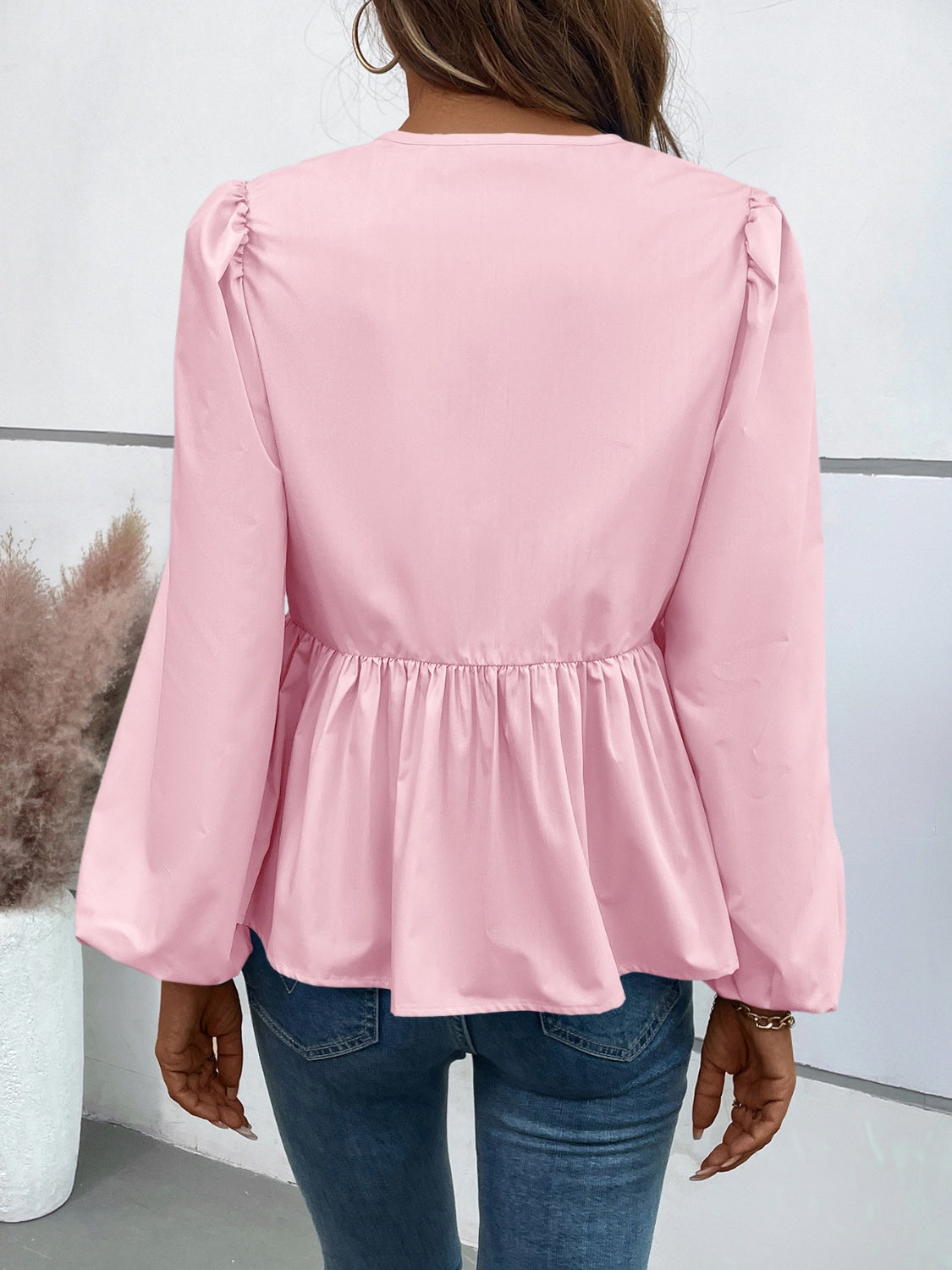 Blue Zone Planet | Ivy Lane Peplum Tied Long Sleeve Blouse-TOPS / DRESSES-[Adult]-[Female]-2022 Online Blue Zone Planet