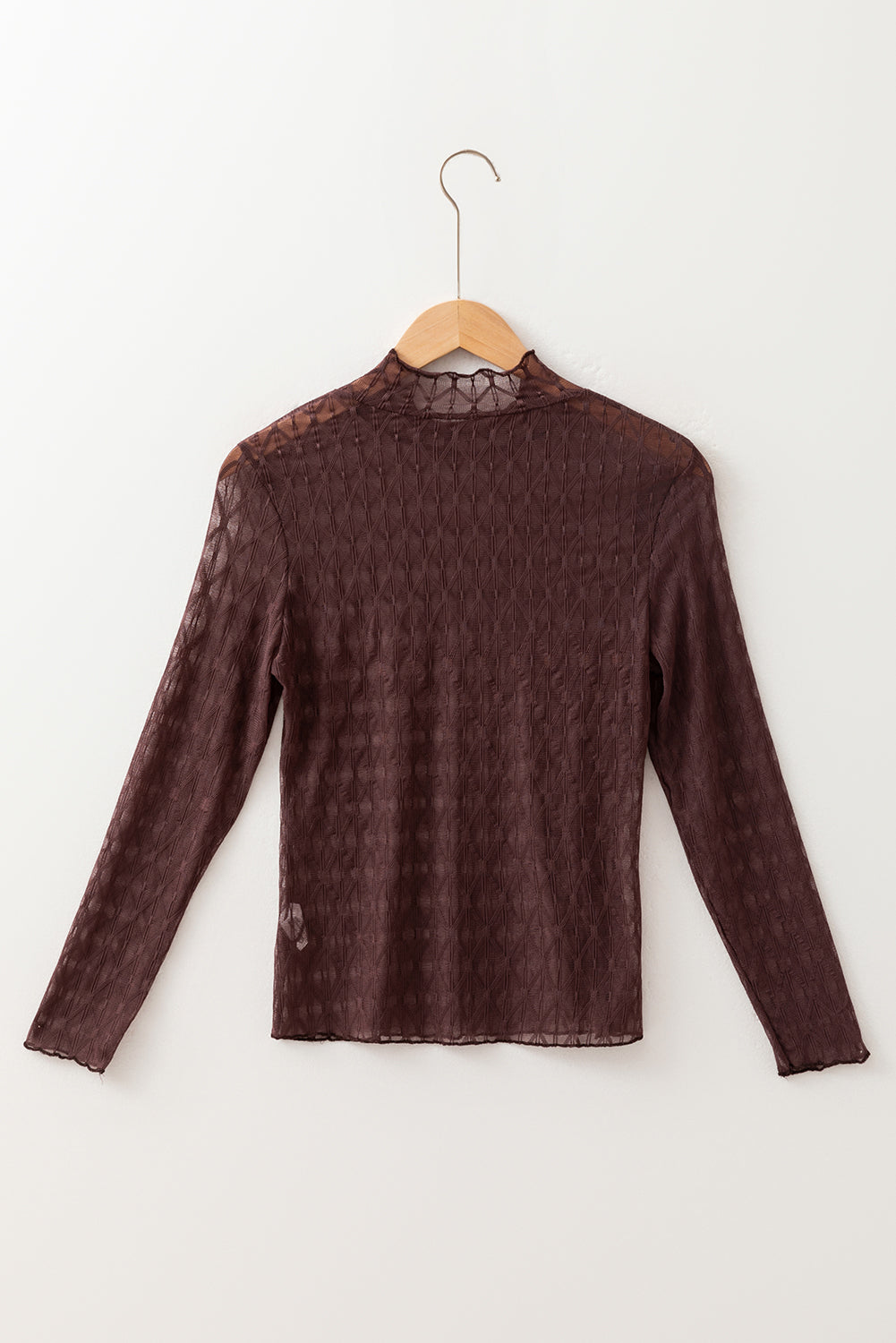 Coffee Sheer Mesh Patterned Lettuce Trim Slim Long Sleeve Top-Tops/Long Sleeve Tops-[Adult]-[Female]-2022 Online Blue Zone Planet