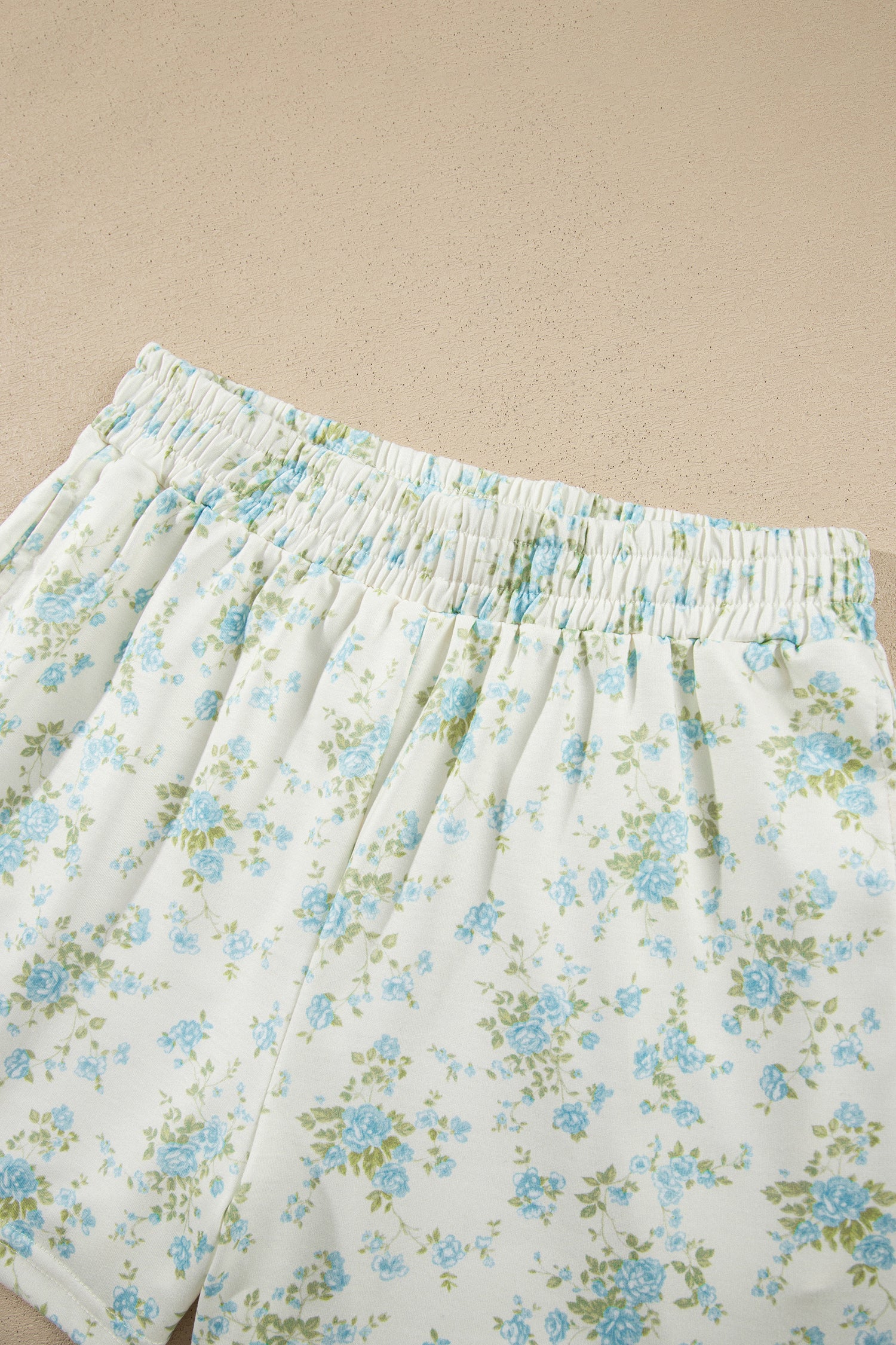 Sky Blue Floral Print Short Sleeve Elastic Waist Pocket Two Piece Set-Two Piece Sets/Short Sets-[Adult]-[Female]-2022 Online Blue Zone Planet