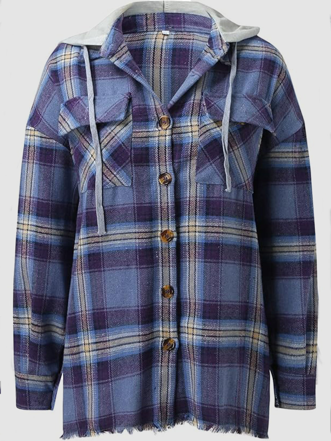 Blue Zone Planet | Raw Hem Plaid Long Sleeve Hooded Jacket-TOPS / DRESSES-[Adult]-[Female]-2022 Online Blue Zone Planet