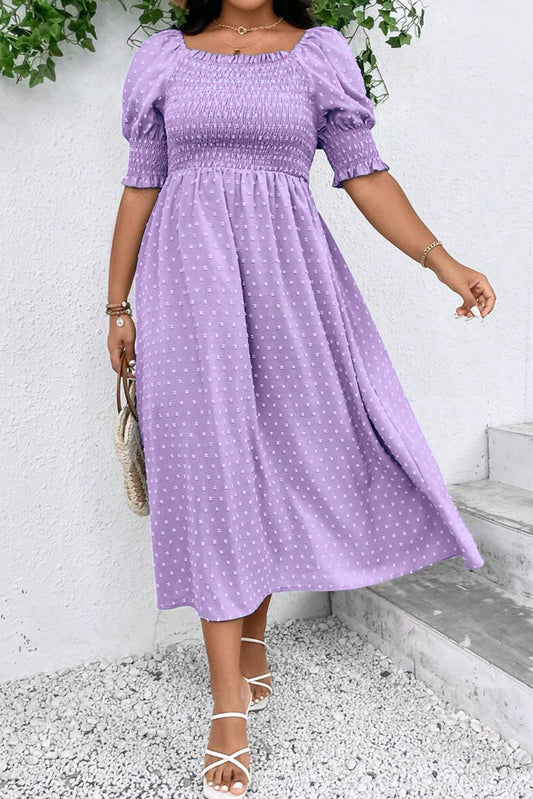Wisteria Swiss Dot Smocked Frilled Neckline Short Sleeve Plus Size Dress-TOPS / DRESSES-[Adult]-[Female]-Wisteria-1X-2022 Online Blue Zone Planet