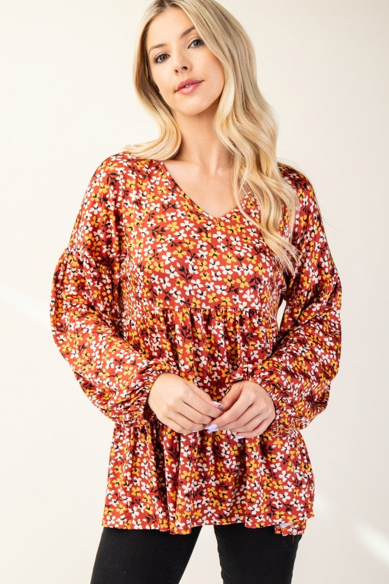 Blue Zone Planet | Celeste Full Size Floral V-Neck Balloon Sleeve Blouse-TOPS / DRESSES-[Adult]-[Female]-2022 Online Blue Zone Planet