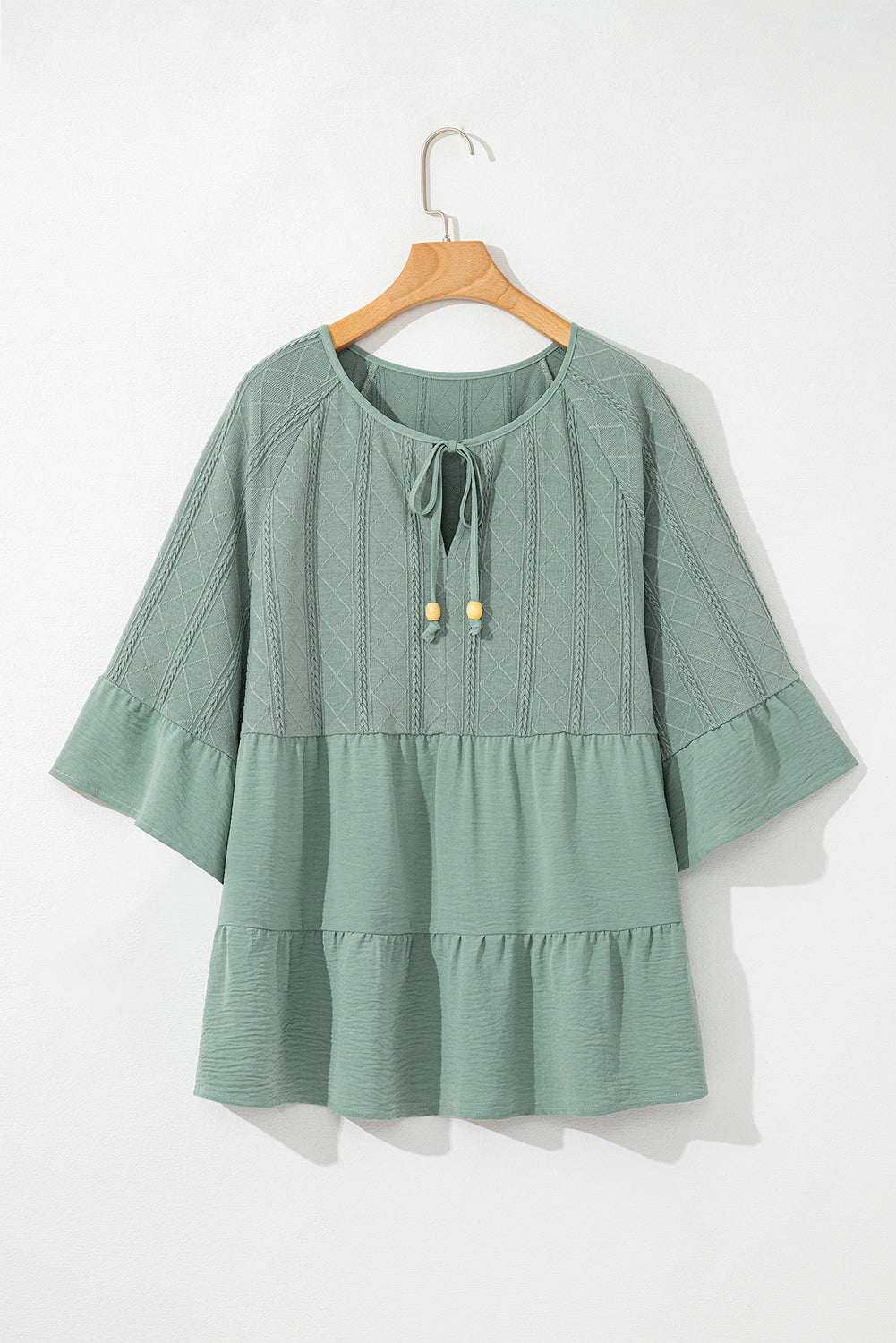 Ruffled Tie Neck Three-Quarter Sleeve Blouse-TOPS / DRESSES-[Adult]-[Female]-2022 Online Blue Zone Planet