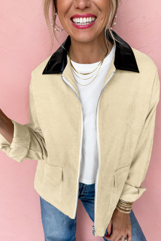 Parchment Contrast Leather Collar Textured Zip Up Jacket-Outerwear/Jackets-[Adult]-[Female]-Parchment-S-2022 Online Blue Zone Planet