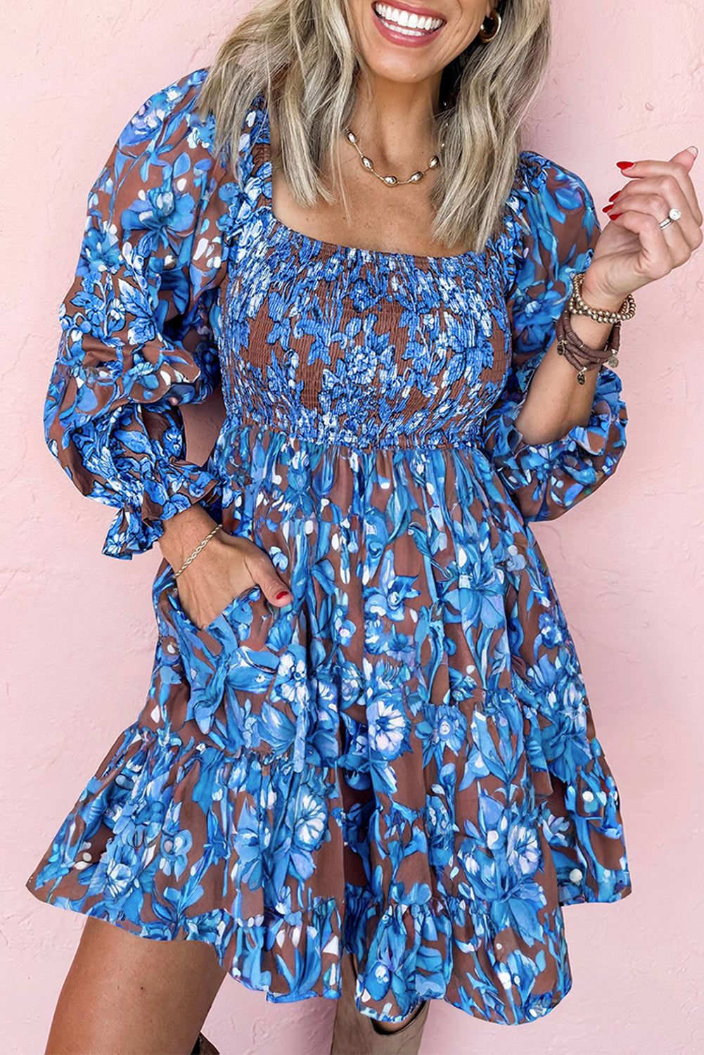 Blue Smocked Bodice High Waist Ruffled Sleeve Floral Dress-TOPS / DRESSES-[Adult]-[Female]-Blue-S-2022 Online Blue Zone Planet