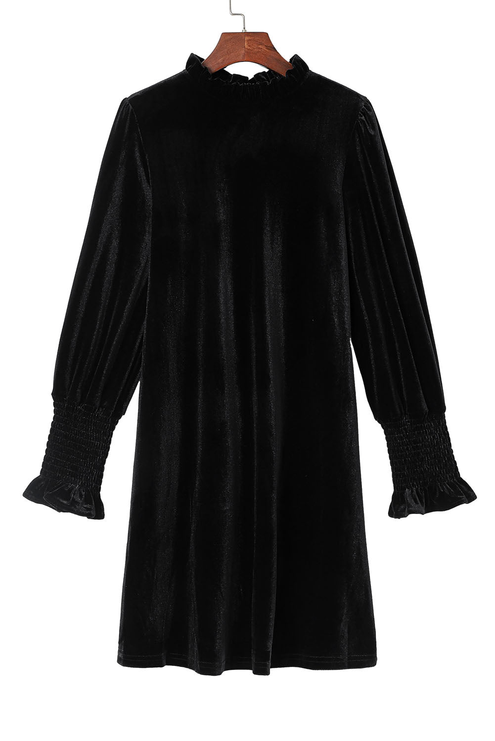 Blue Zone Planet | Black Velvet Frill Neck Long Sleeve Shift Dress-TOPS / DRESSES-[Adult]-[Female]-2022 Online Blue Zone Planet