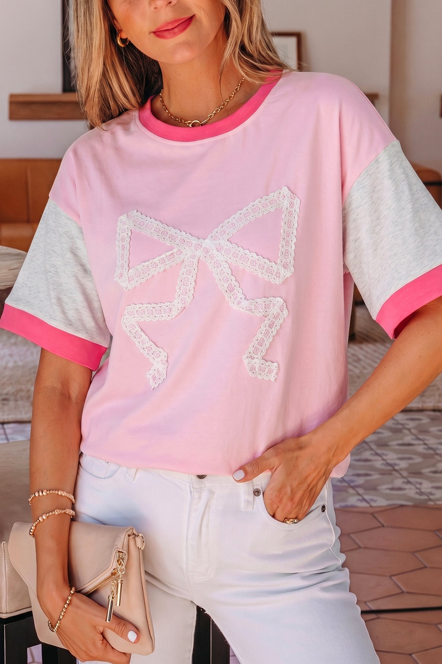 Gossamer Pink Embroidered Bow Detail Color Block Loose Tee-Tops/Tops & Tees-[Adult]-[Female]-Gossamer Pink-S-2022 Online Blue Zone Planet