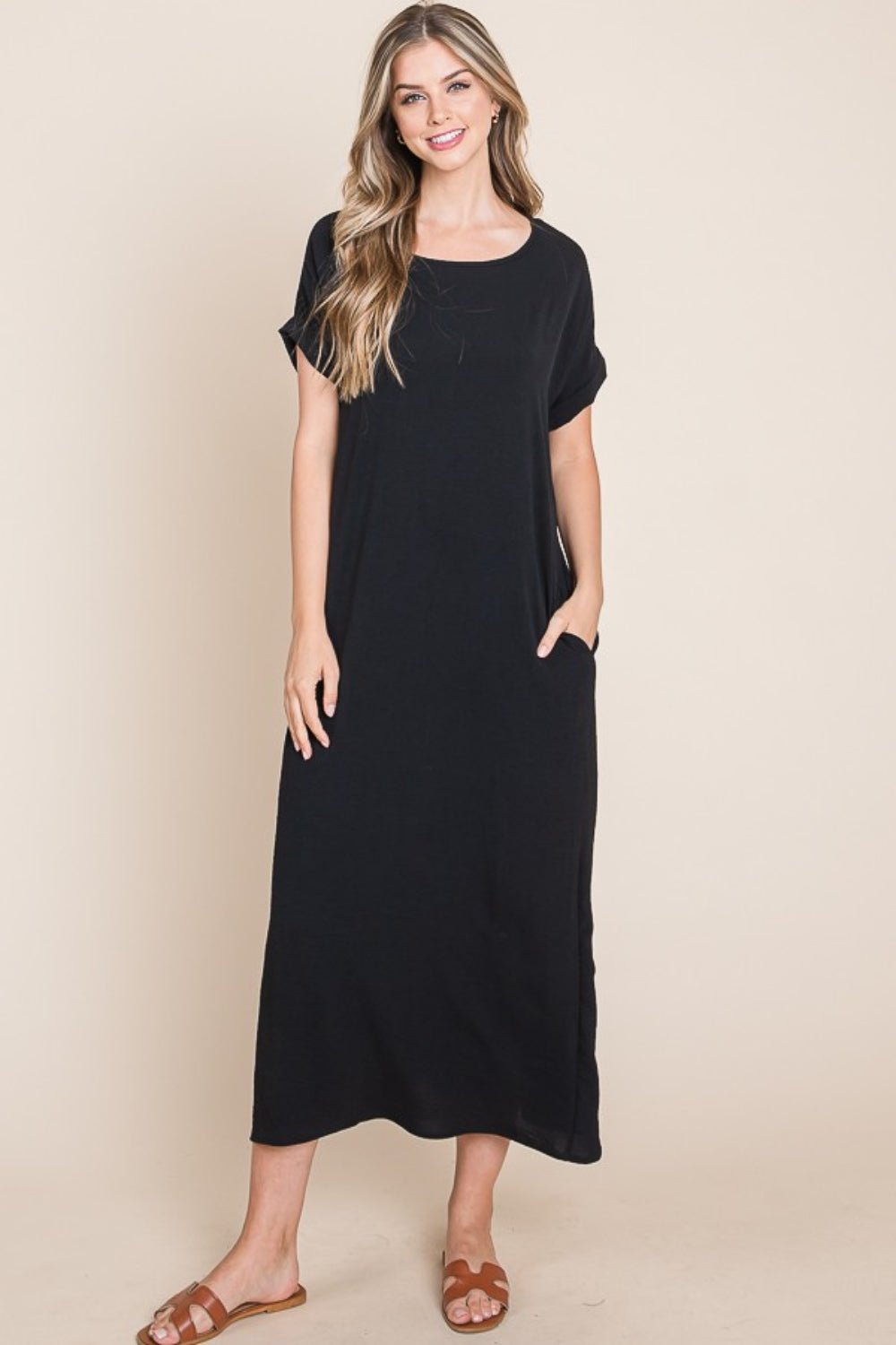 BOMBOM Round Neck Short Sleeve Midi Dress with Pockets-TOPS / DRESSES-[Adult]-[Female]-Black-S-2022 Online Blue Zone Planet