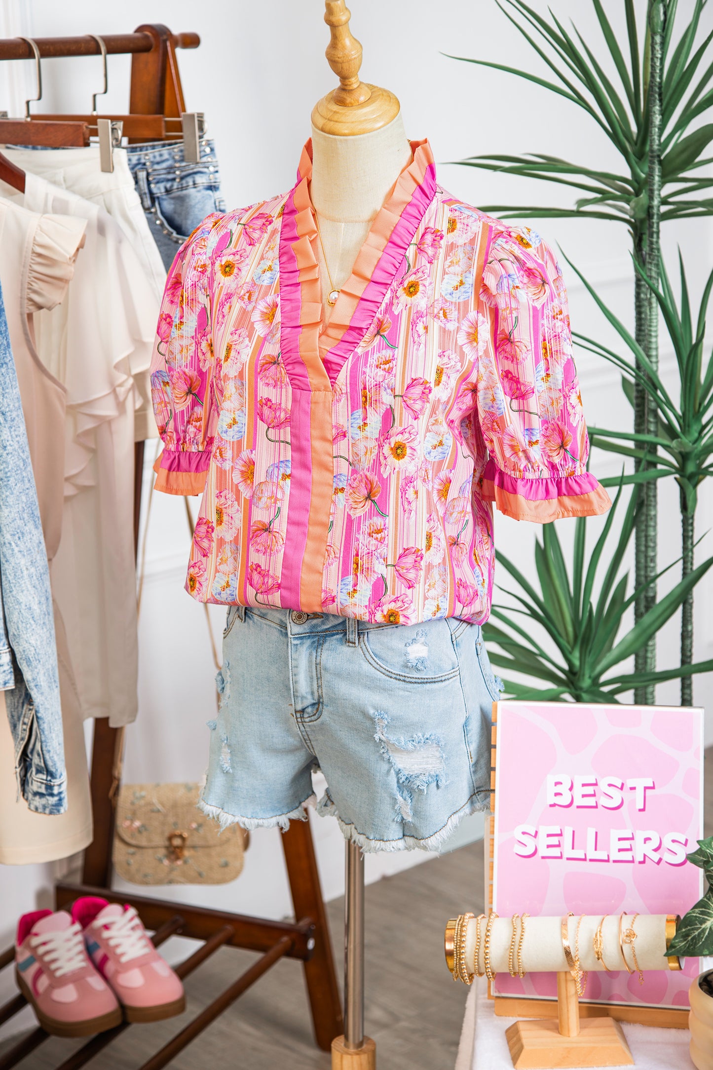 Pink Poppy Flower Striped Print Color Block Trim V Neck Short Sleeve Blouse-Tops/Blouses & Shirts-[Adult]-[Female]-2022 Online Blue Zone Planet