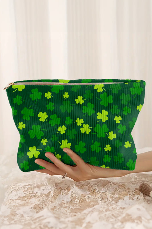 Blackish Green St Patricks Lucky Clover Printed Soft Ribbed Makeup Bag-Shoes & Bags/Makeup Bags-[Adult]-[Female]-Blackish Green-ONE SIZE-2022 Online Blue Zone Planet