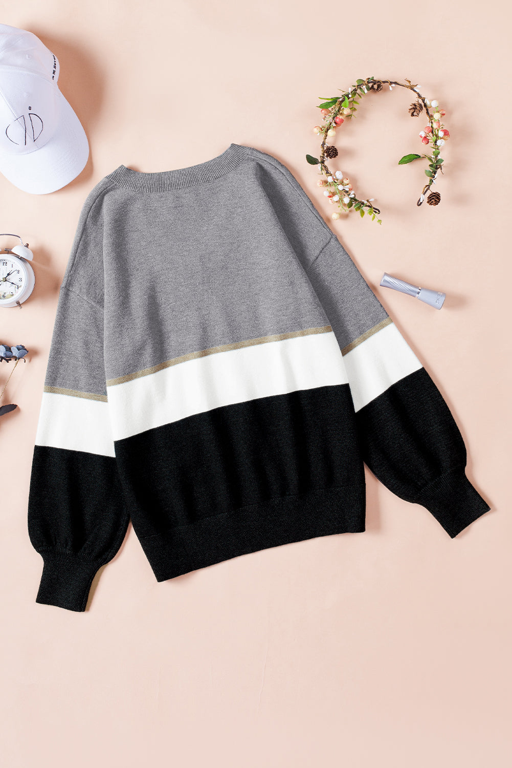 Color Block V Neck Long Sleeve Sweater-TOPS / DRESSES-[Adult]-[Female]-2022 Online Blue Zone Planet