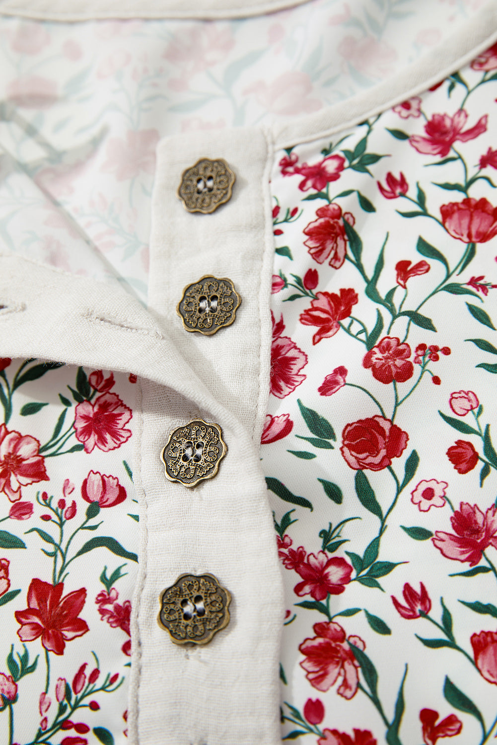 Red Floral Print Gauze Patchwork Henley Button 3/4 Sleeve Blouse-Tops/Blouses & Shirts-[Adult]-[Female]-2022 Online Blue Zone Planet