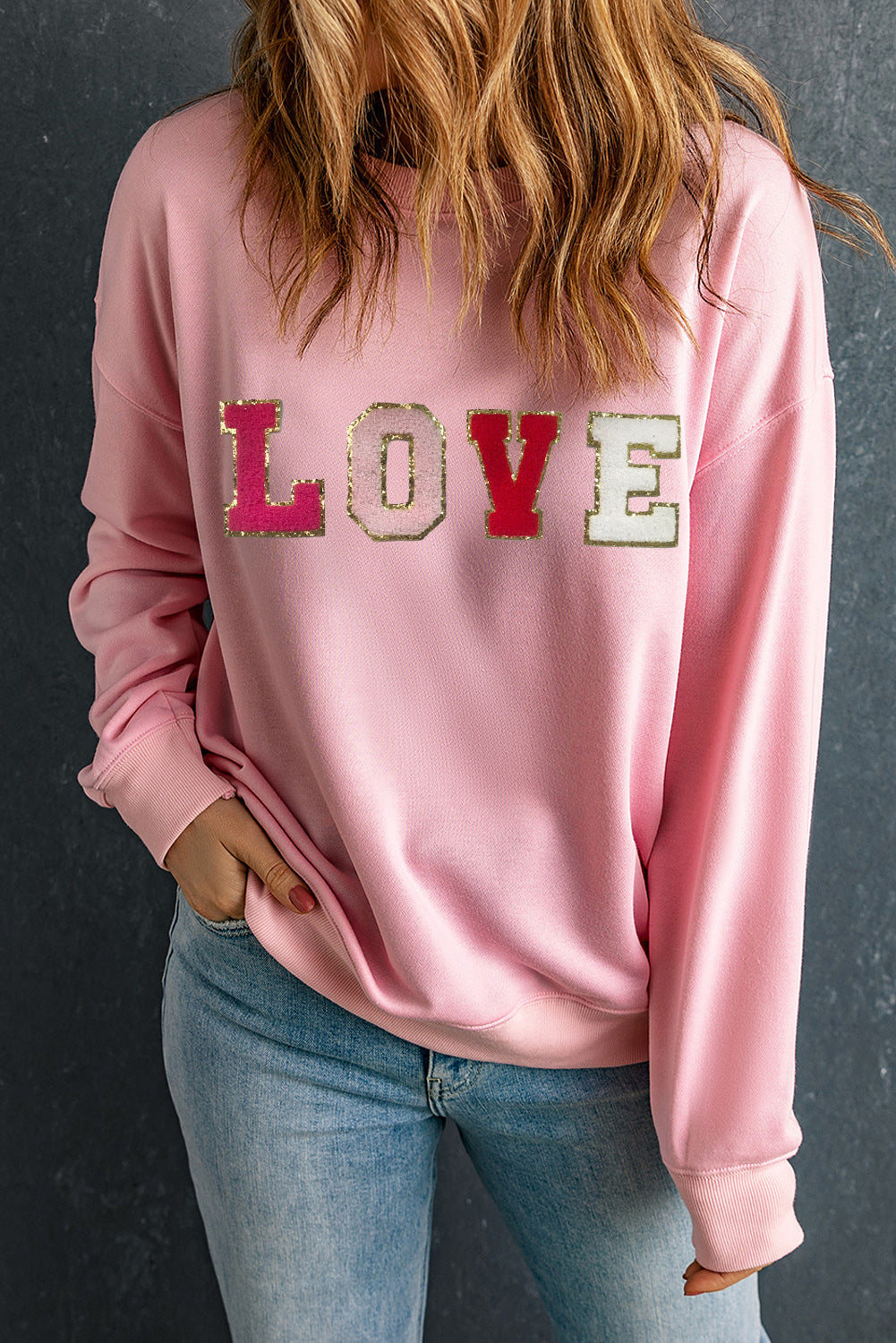 Pink Valentine LOVE Chenille Embroidered Sweatshirt-Graphic/Graphic Sweatshirts-[Adult]-[Female]-2022 Online Blue Zone Planet