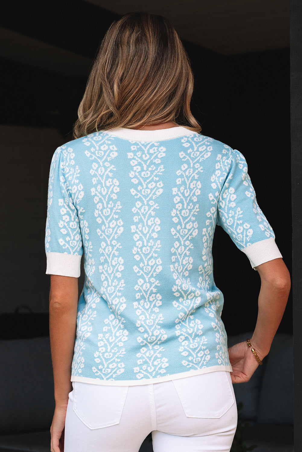 Sky Blue Contrast Floral Crewneck Short Sleeve Sweater-TOPS / DRESSES-[Adult]-[Female]-2022 Online Blue Zone Planet