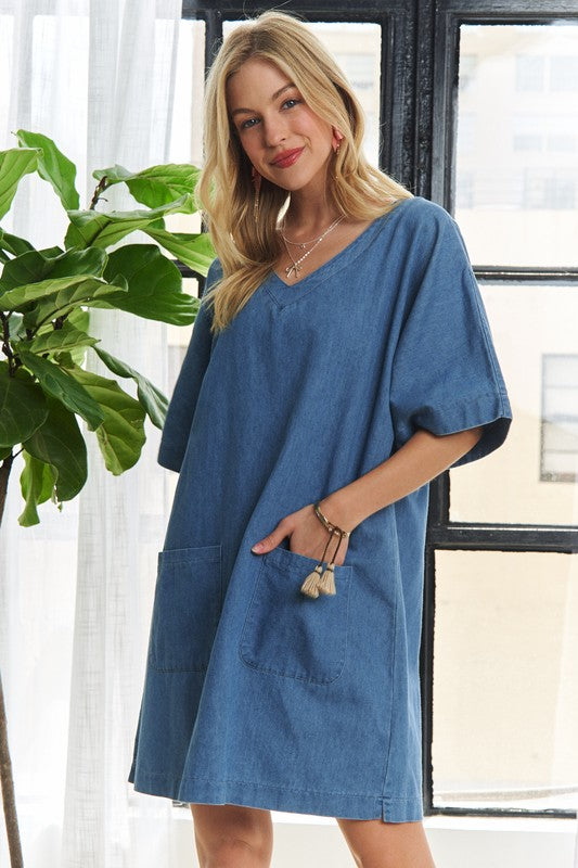 ADORA V-Neck Half Sleeve Mini Denim Dress-TOPS / DRESSES-[Adult]-[Female]-2022 Online Blue Zone Planet