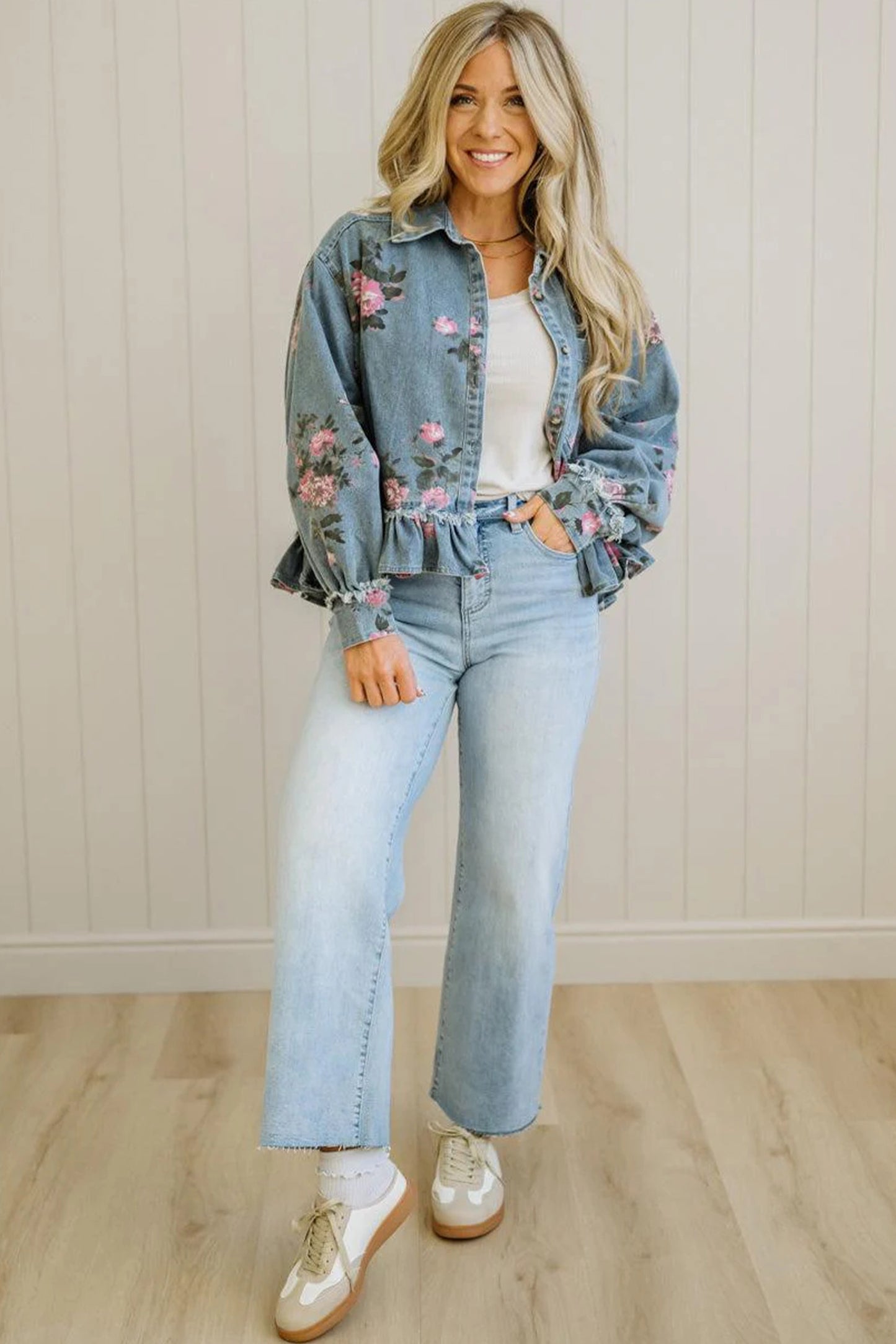 Sky Blue Floral Print Raw Seam Ruffle Hem Denim Jacket-Outerwear/Denim jackets-[Adult]-[Female]-2022 Online Blue Zone Planet