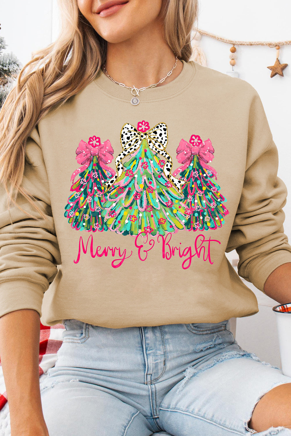 Khaki Merry & Bright Christmas Tree Print Pullover Sweatshirt-Graphic/Graphic Sweatshirts-[Adult]-[Female]-Khaki-S-2022 Online Blue Zone Planet