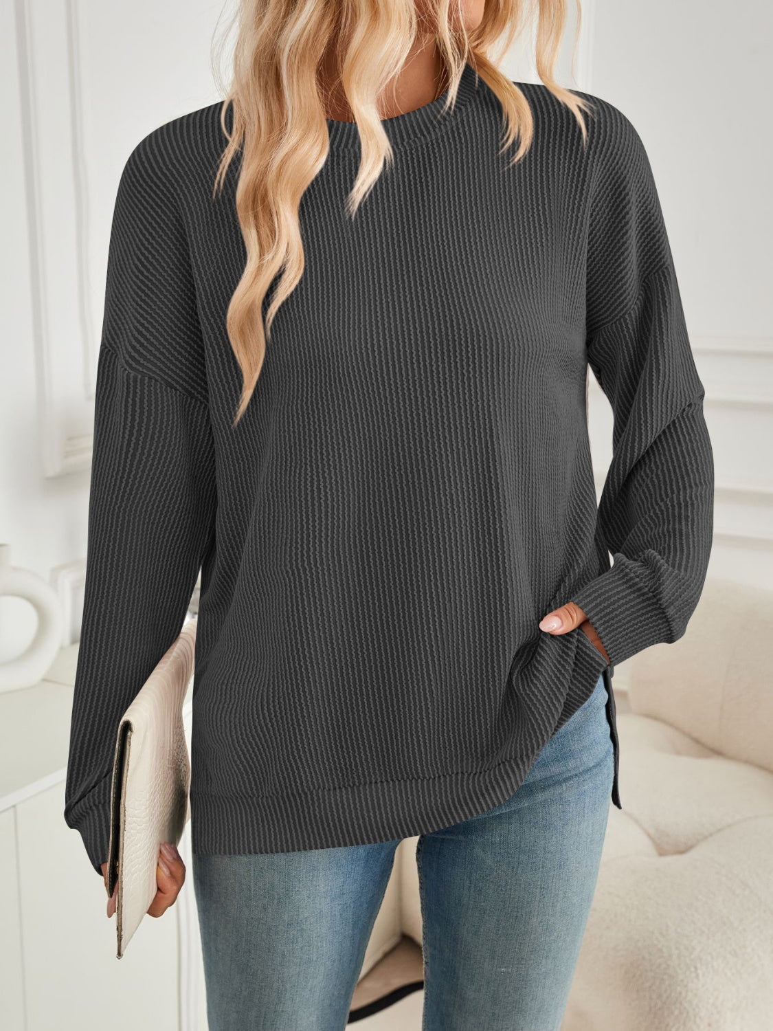 Blue Zone Planet | Lovelet Slit Round Neck Long Sleeve Sweatshirt-TOPS / DRESSES-[Adult]-[Female]-Dark Gray-S-2022 Online Blue Zone Planet