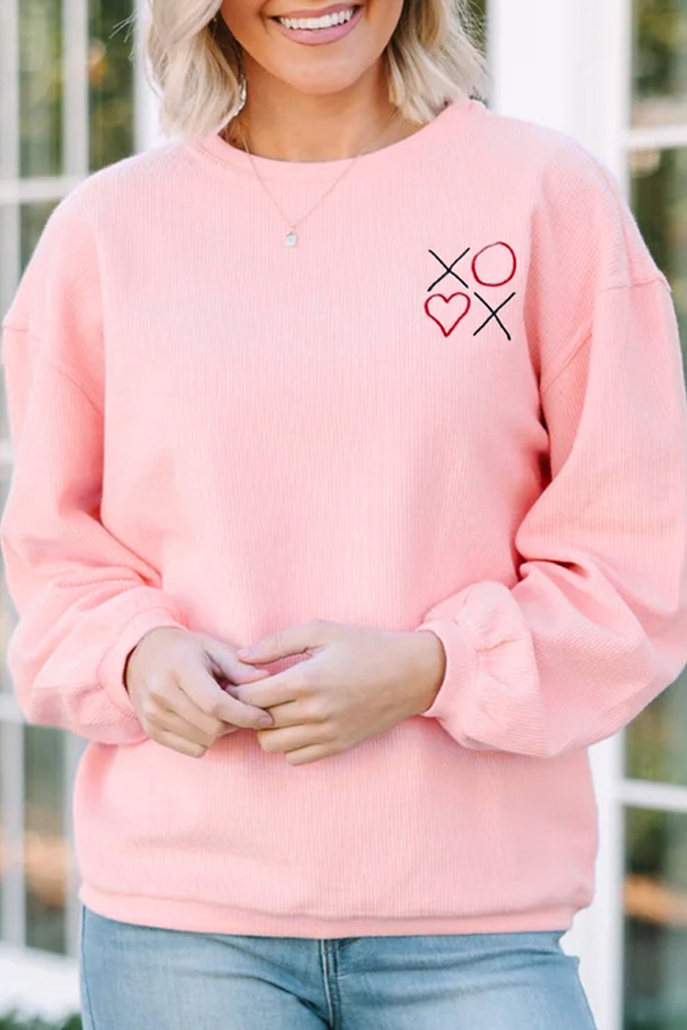 Pink 3d Ribbed XOXO Heart Embroidered Drop Shoulder Sweatshirt-Sweatshirts & Hoodies-[Adult]-[Female]-Pink-L-2022 Online Blue Zone Planet