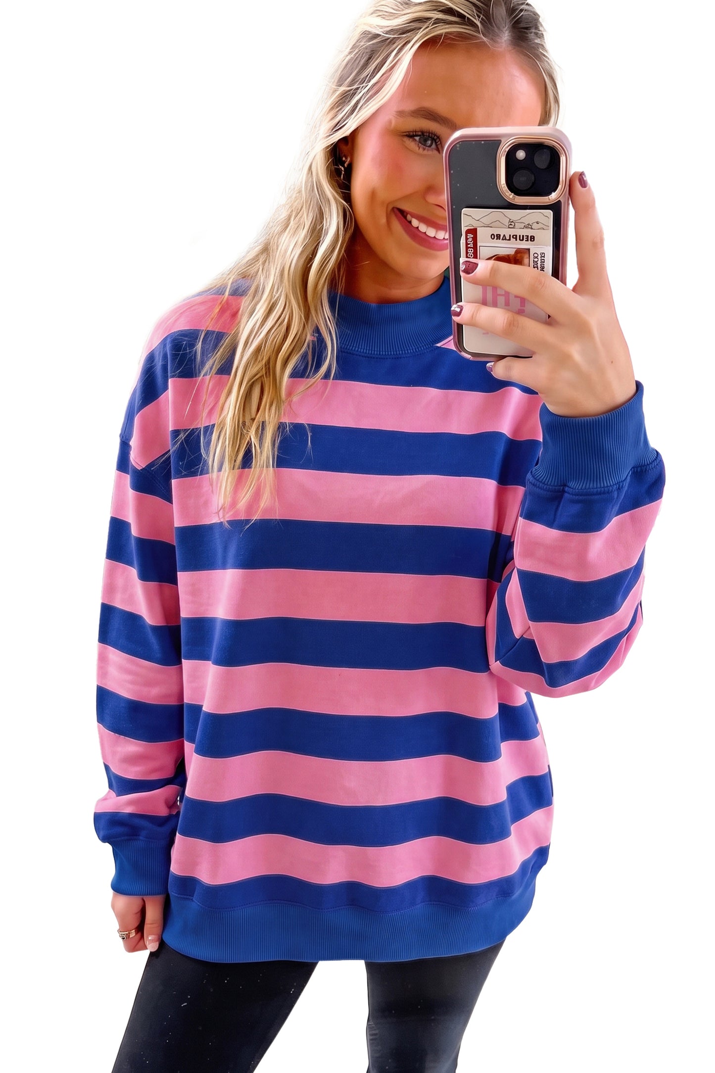 Rose Stripe Colorblock Mock Neck Relaxed Sweatshirt