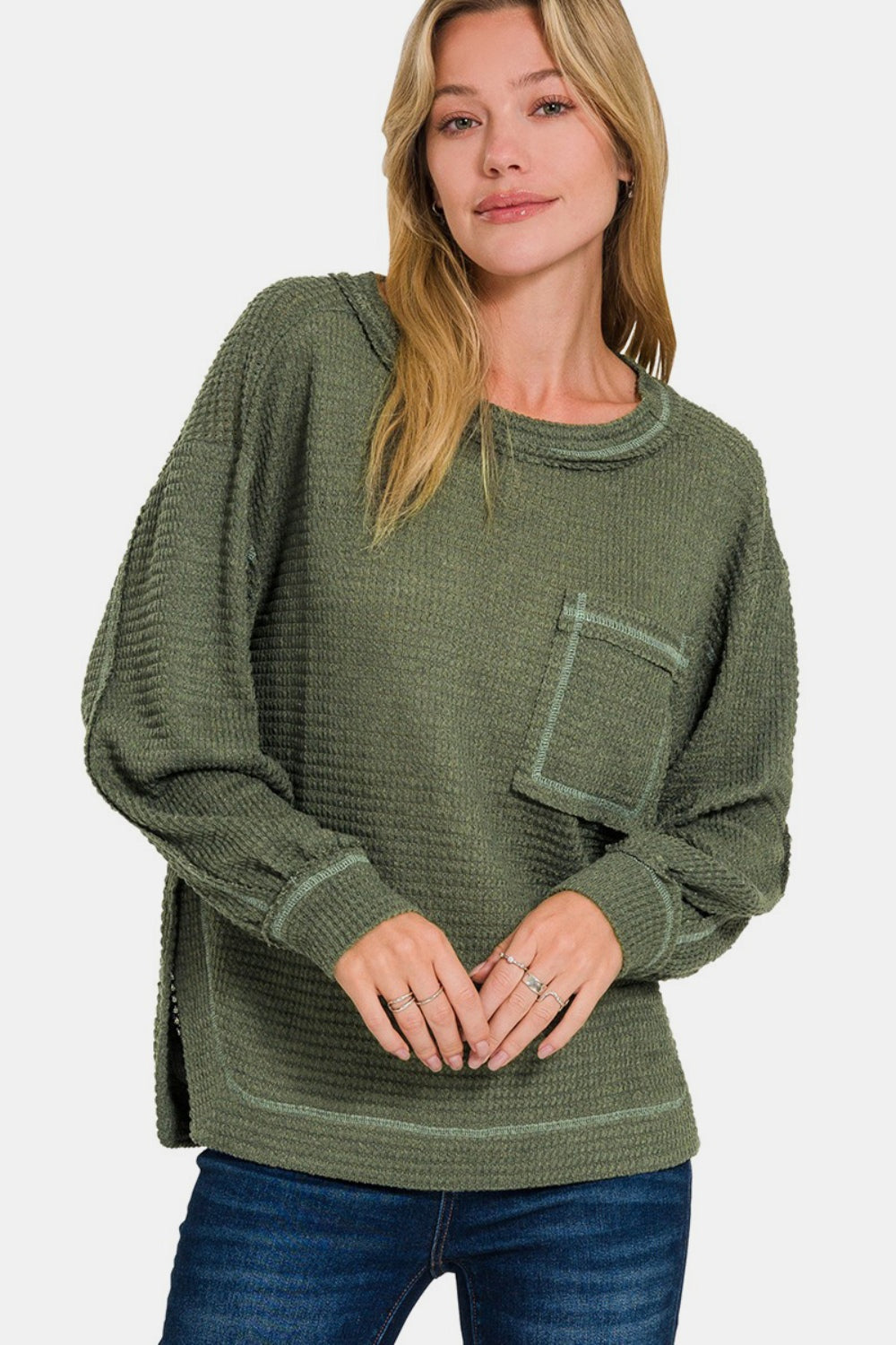 Zenana Exposed Seam Side Slit Long Sleeve Top-TOPS / DRESSES-[Adult]-[Female]-Dk Olive-S/M-2022 Online Blue Zone Planet