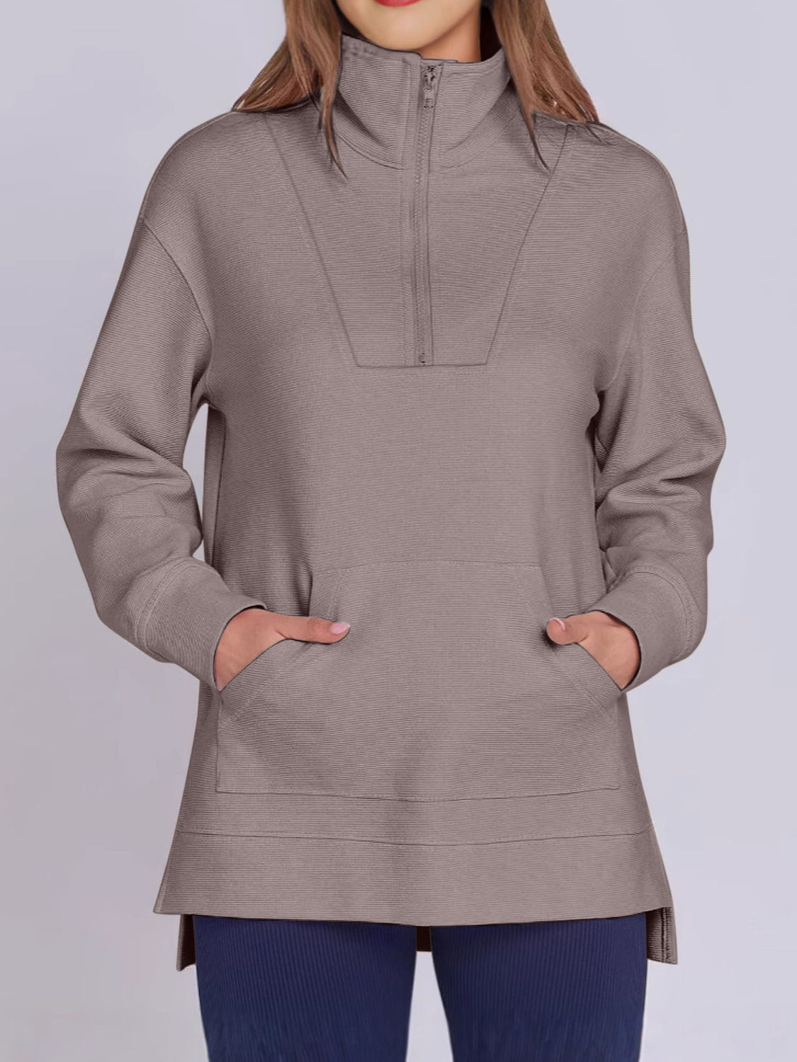 Blue Zone Planet | ฺHigh-Low Quarter Zip Long Sleeve Sweatshirt-TOPS / DRESSES-[Adult]-[Female]-Mocha-S-2022 Online Blue Zone Planet