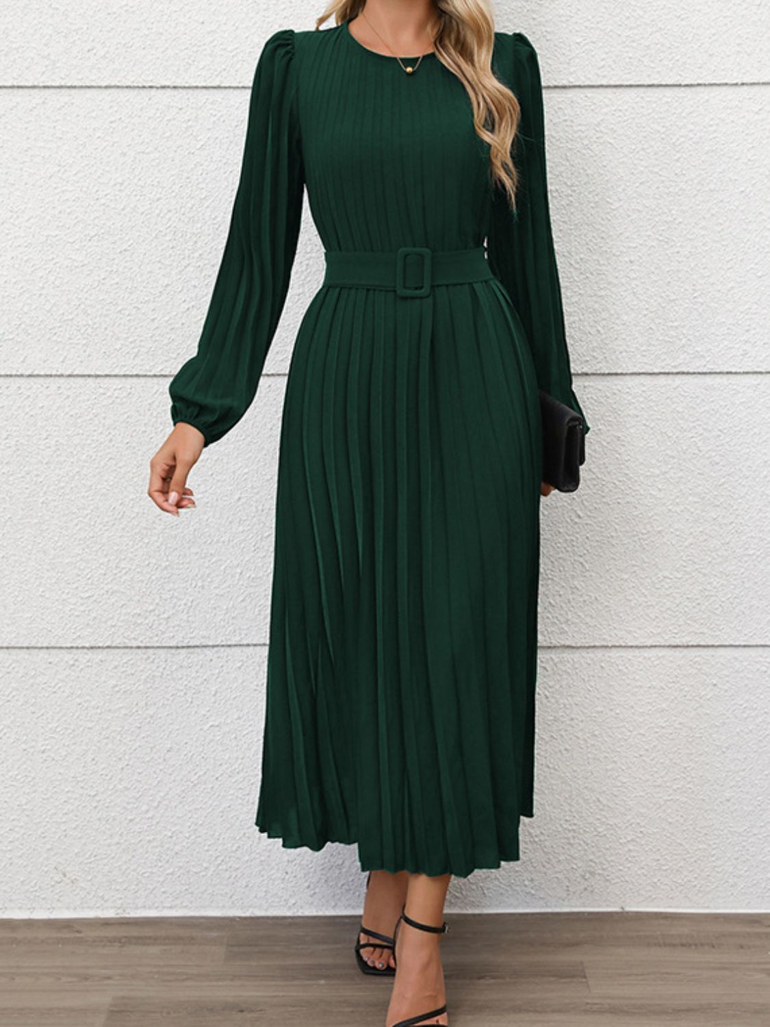 Perfee Pleated Round Neck Long Sleeve Midi Dress-TOPS / DRESSES-[Adult]-[Female]-2022 Online Blue Zone Planet