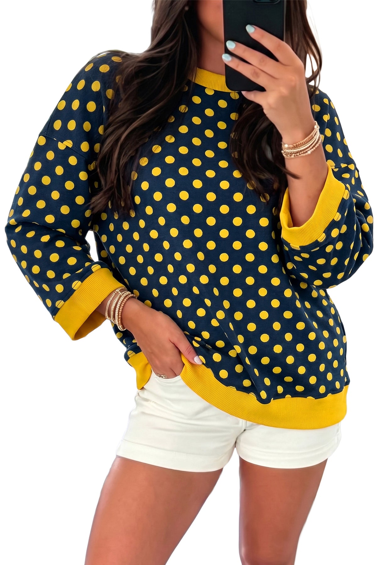 Blue Polka Dot Print Contrast Trim Round Neck Bracelet Sleeve Top-Bracelet-[Adult]-[Female]-2022 Online Blue Zone Planet