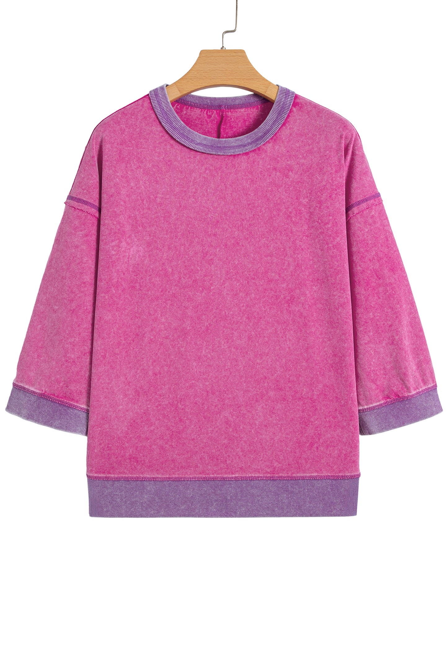 Strawberry Pink Mineral Wash Color Block Trim Bracelet Sleeve Pullover Top-Bracelet-[Adult]-[Female]-2022 Online Blue Zone Planet