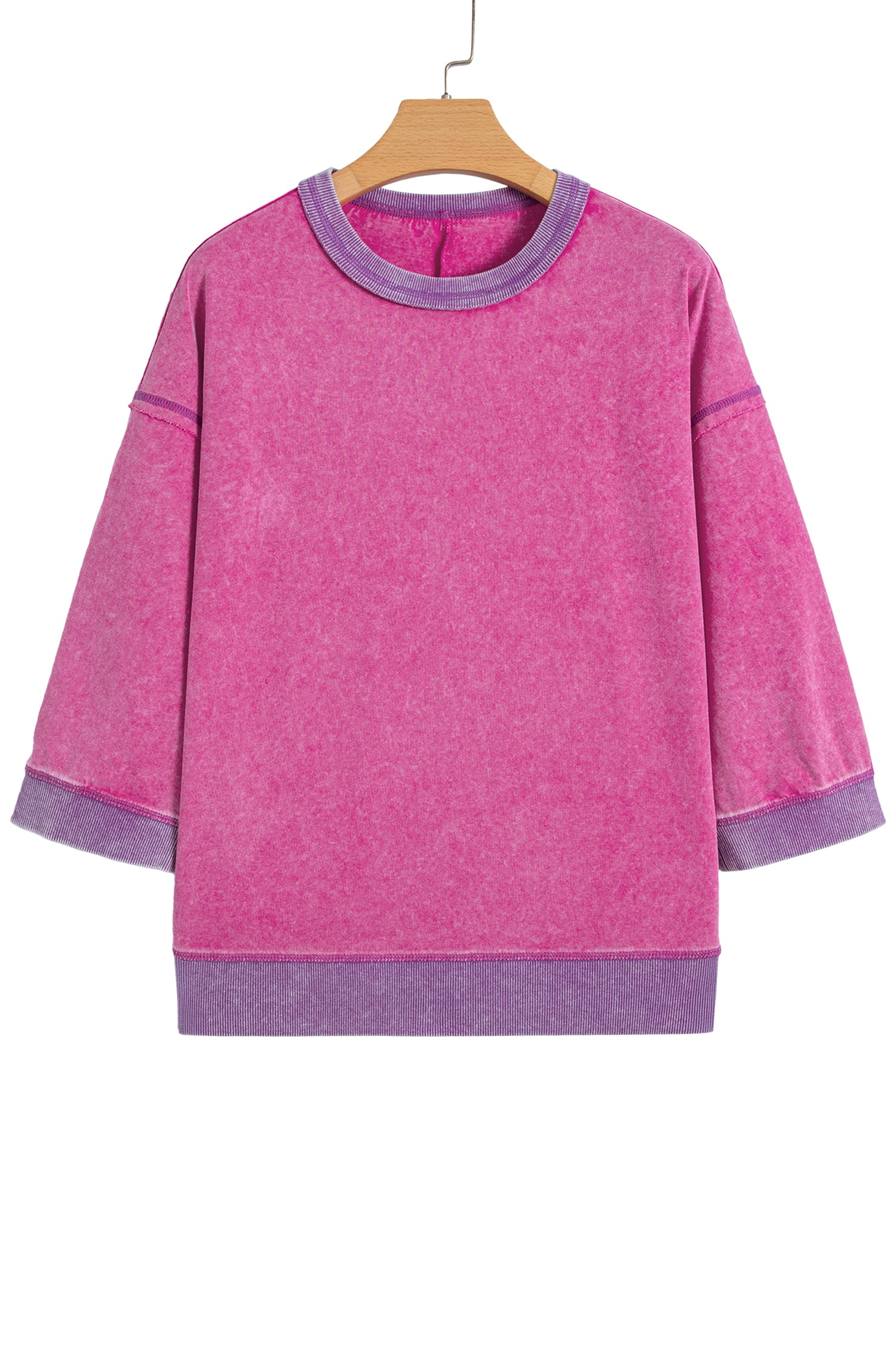 Strawberry Pink Mineral Wash Color Block Trim Bracelet Sleeve Pullover Top-Bracelet-[Adult]-[Female]-2022 Online Blue Zone Planet