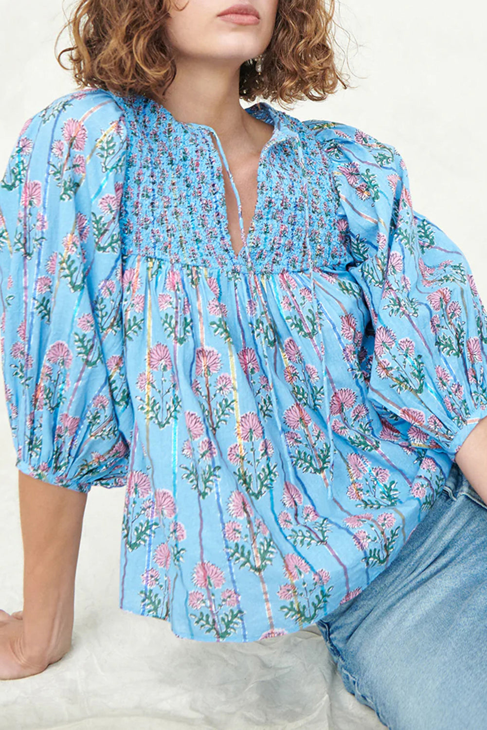 Sky Blue Floral Striped Print Tie Shirred Splie Neck Blouse-Tops/Blouses & Shirts-[Adult]-[Female]-Sky Blue-S-2022 Online Blue Zone Planet