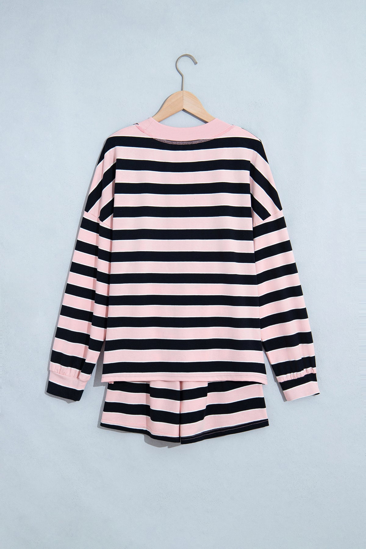 Pink Stripe Oversized Long Sleeve Top Elastic Waist Shorts Casual 2pcs Set