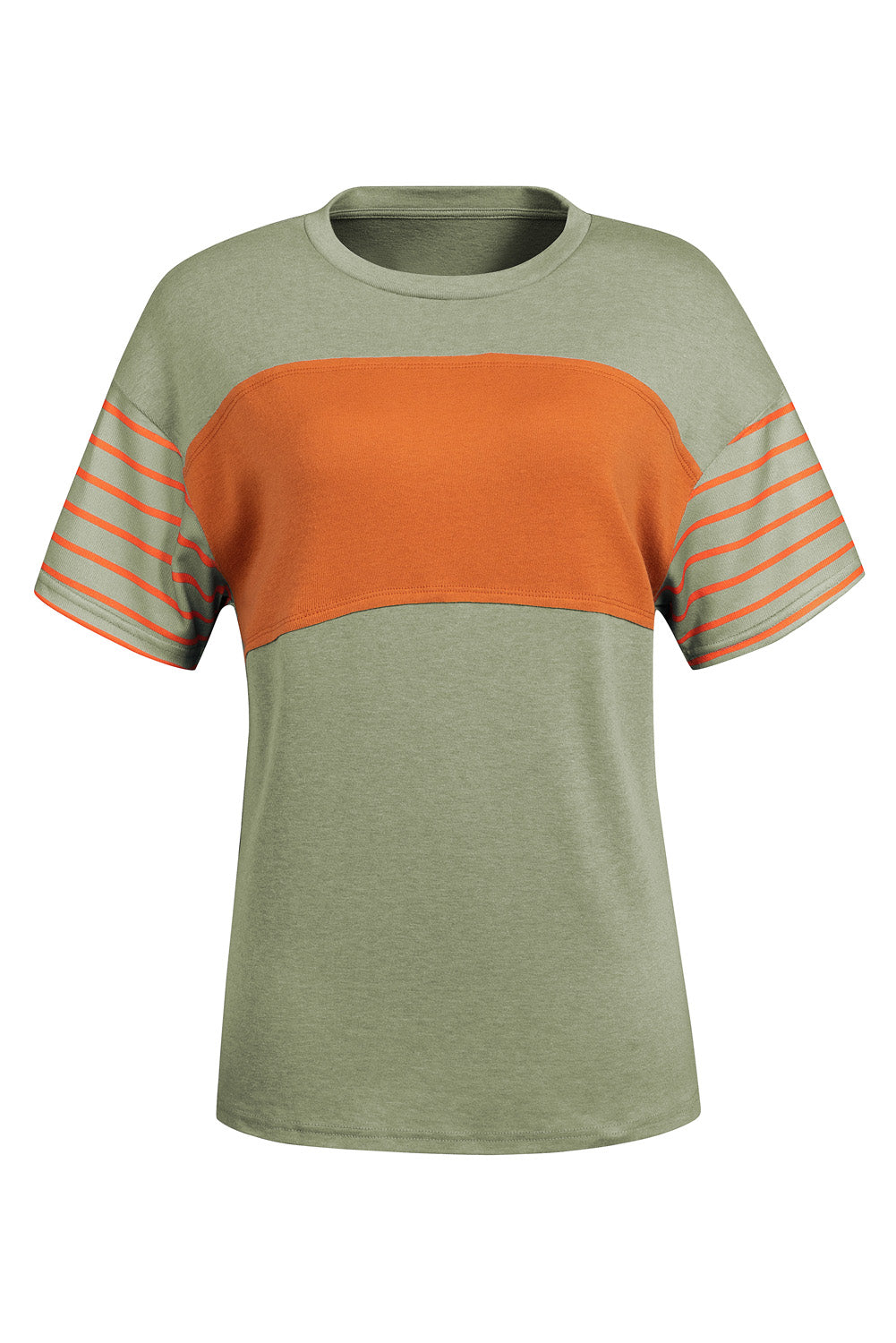 Laurel Green Color Block Striped Detail Loose T Shirt-Tops/Tops & Tees-[Adult]-[Female]-2022 Online Blue Zone Planet