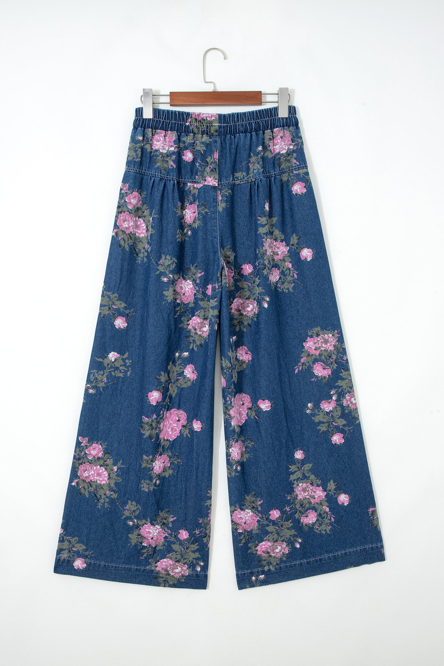 Blue Retro Floral Print Tie Elastic Waist Button Pintuck Wide Leg Jeans-Bottoms/Jeans-[Adult]-[Female]-2022 Online Blue Zone Planet