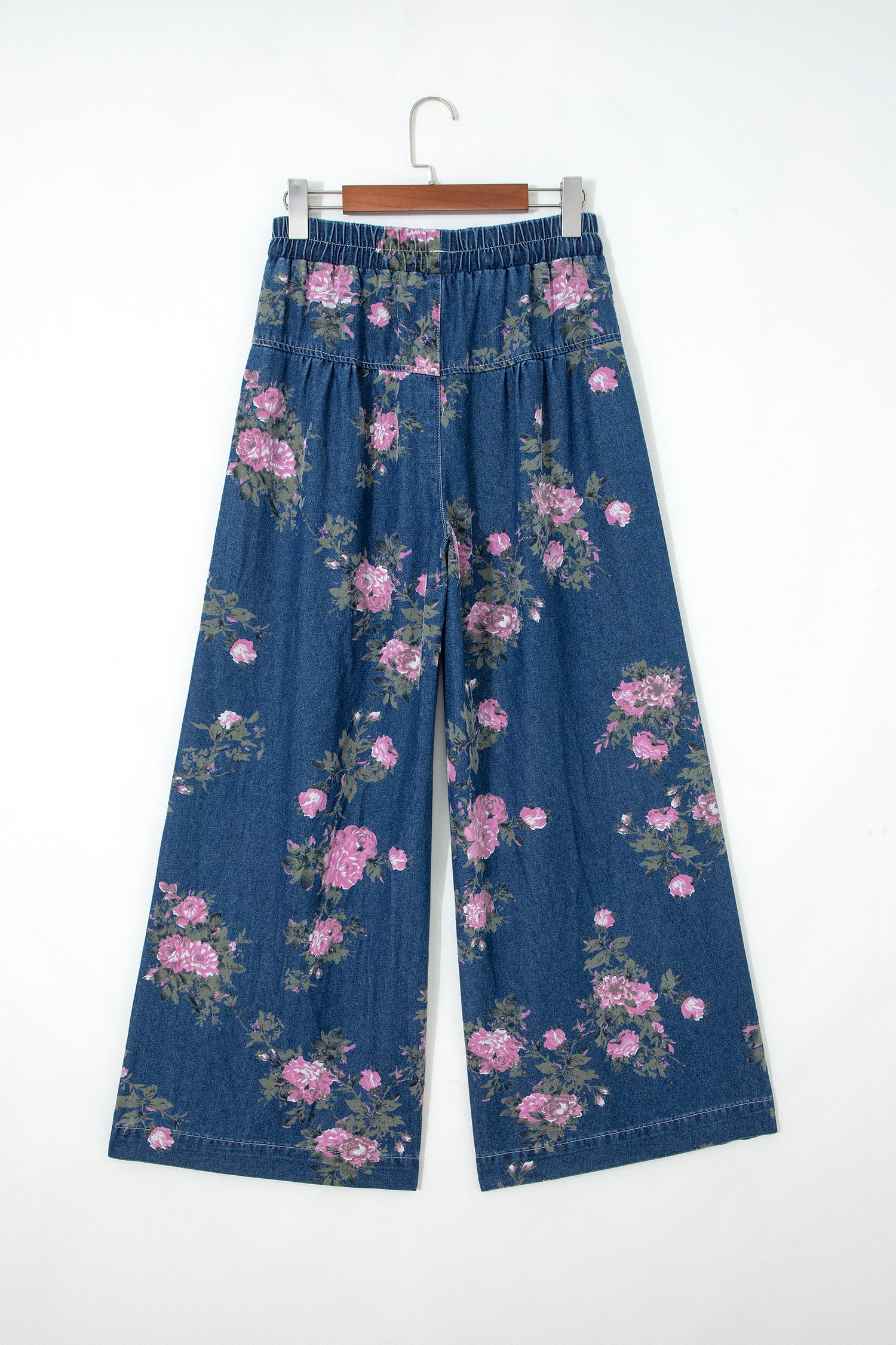 Blue Retro Floral Print Tie Elastic Waist Button Pintuck Wide Leg Jeans-Bottoms/Jeans-[Adult]-[Female]-2022 Online Blue Zone Planet