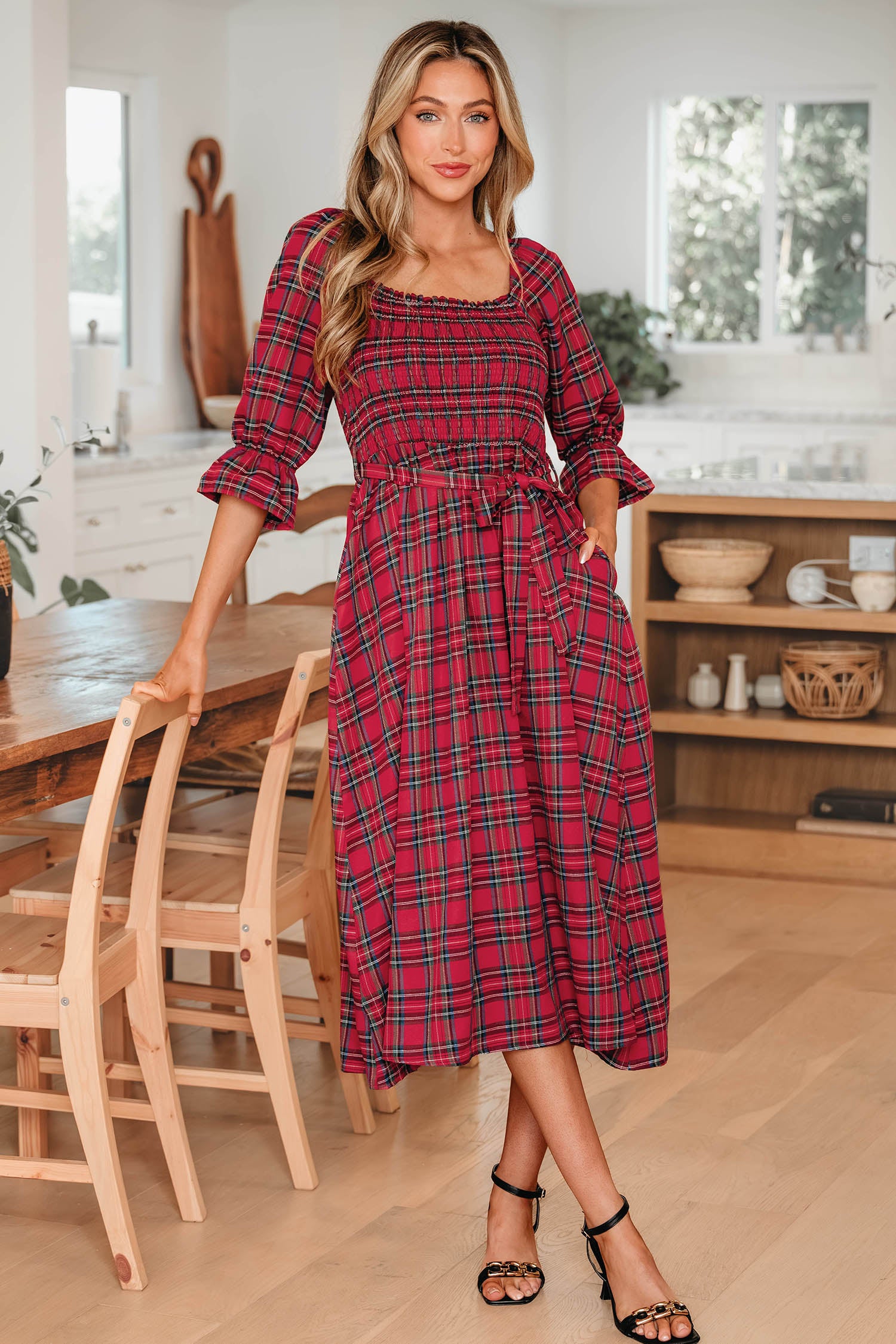 Red Tartan Plaid Square Neck Puff Sleeve Knot Waist Flared Midi Dress-TOPS / DRESSES-[Adult]-[Female]-2022 Online Blue Zone Planet