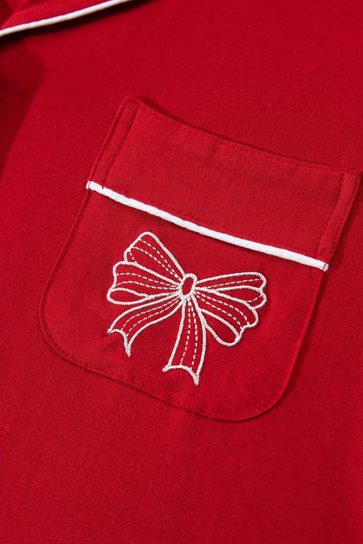 Racing Red Bow Pocket Detail Long Sleeve Shirt 2pcs Pajama Set-Loungewear & Sleepwear/Loungewear-[Adult]-[Female]-2022 Online Blue Zone Planet
