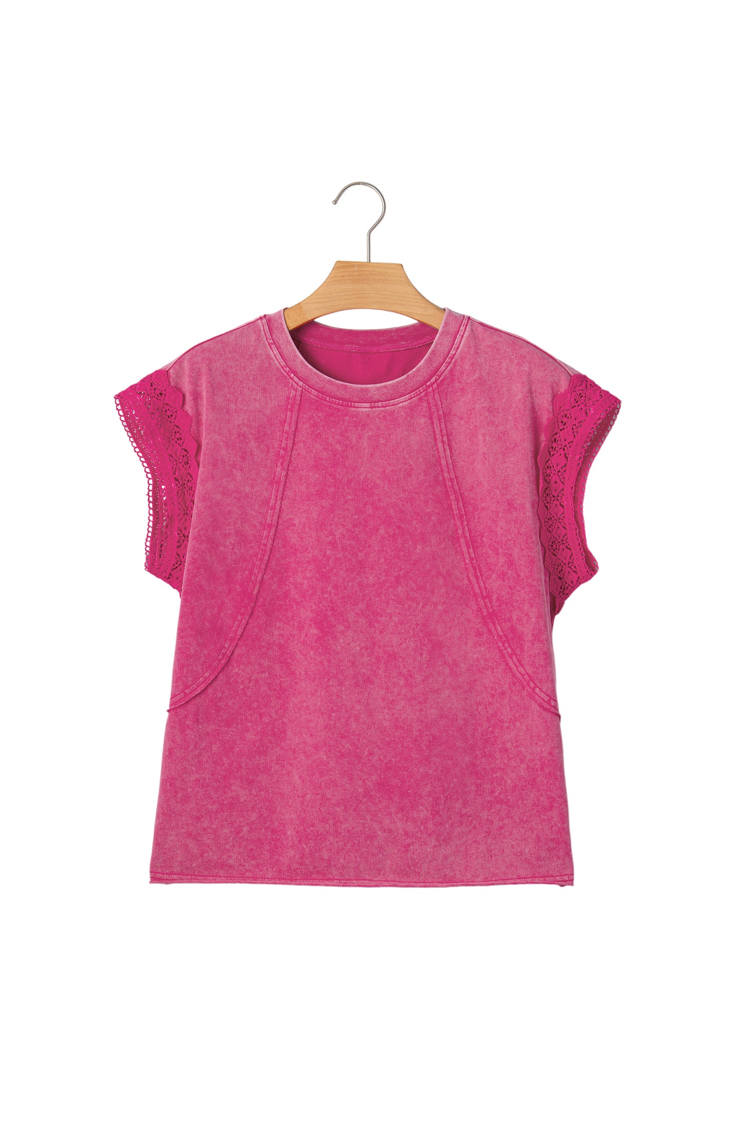 Pink Mineral Wash Raw Seam Detail Lace Trim Cap Sleeve Top-Tops/Tops & Tees-[Adult]-[Female]-2022 Online Blue Zone Planet
