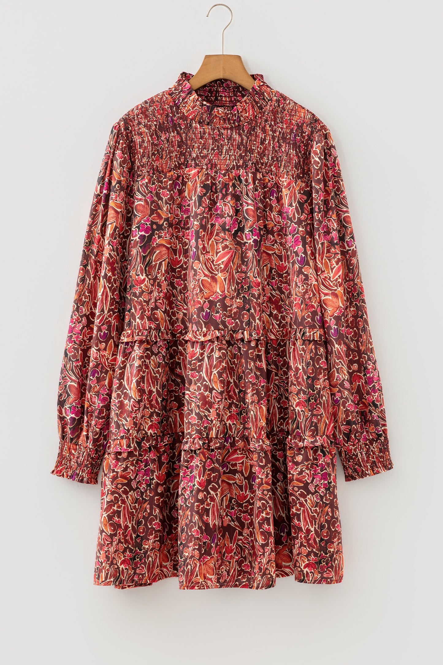 Red Floral Print Long Sleeve Shirred High Neck Loose Mini Dress-TOPS / DRESSES-[Adult]-[Female]-2022 Online Blue Zone Planet