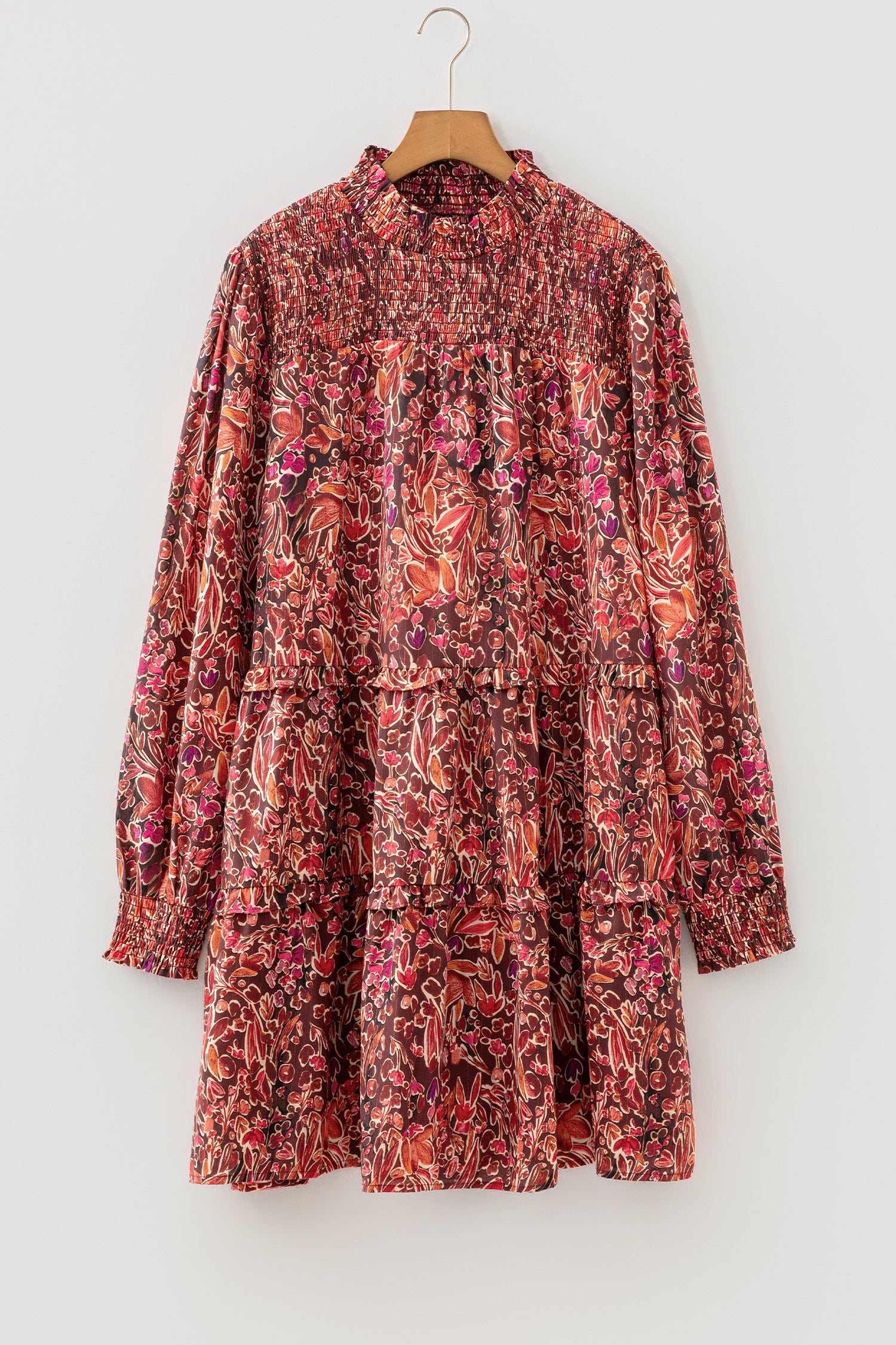 Red Floral Print Long Sleeve Shirred High Neck Loose Mini Dress-TOPS / DRESSES-[Adult]-[Female]-2022 Online Blue Zone Planet