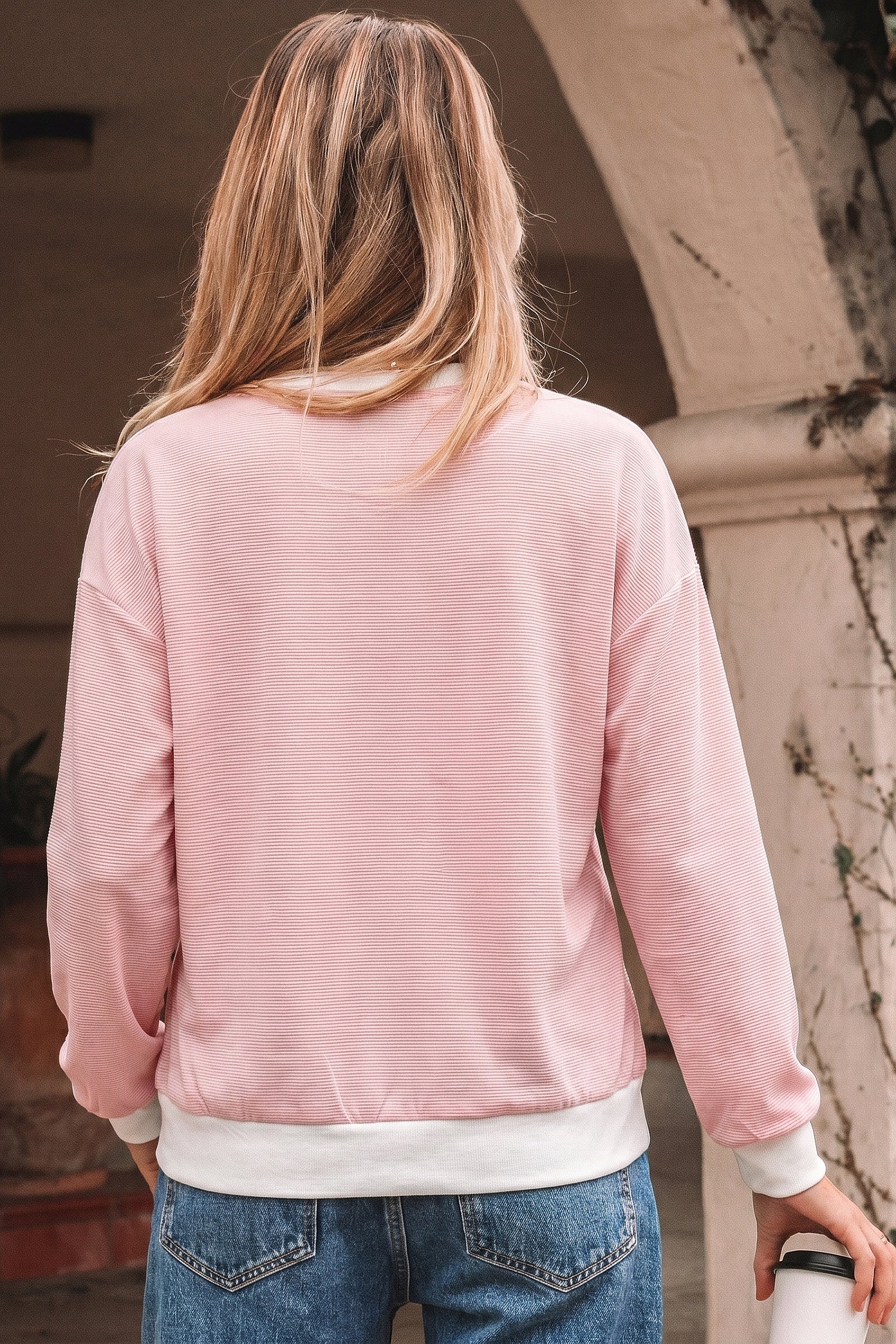 Pink Stripe Contrast Edge Patchwork Long Sleeve Top-Tops/Long Sleeve Tops-[Adult]-[Female]-2022 Online Blue Zone Planet