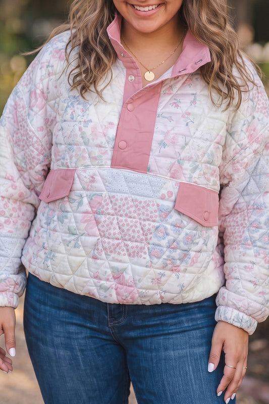 Pink Floral Quilted V-Neck Plus Size Fake Pocket Sweatshirt-Plus Size/Plus Size Sweatshirts & Hoodies-[Adult]-[Female]-Pink-1X-2022 Online Blue Zone Planet
