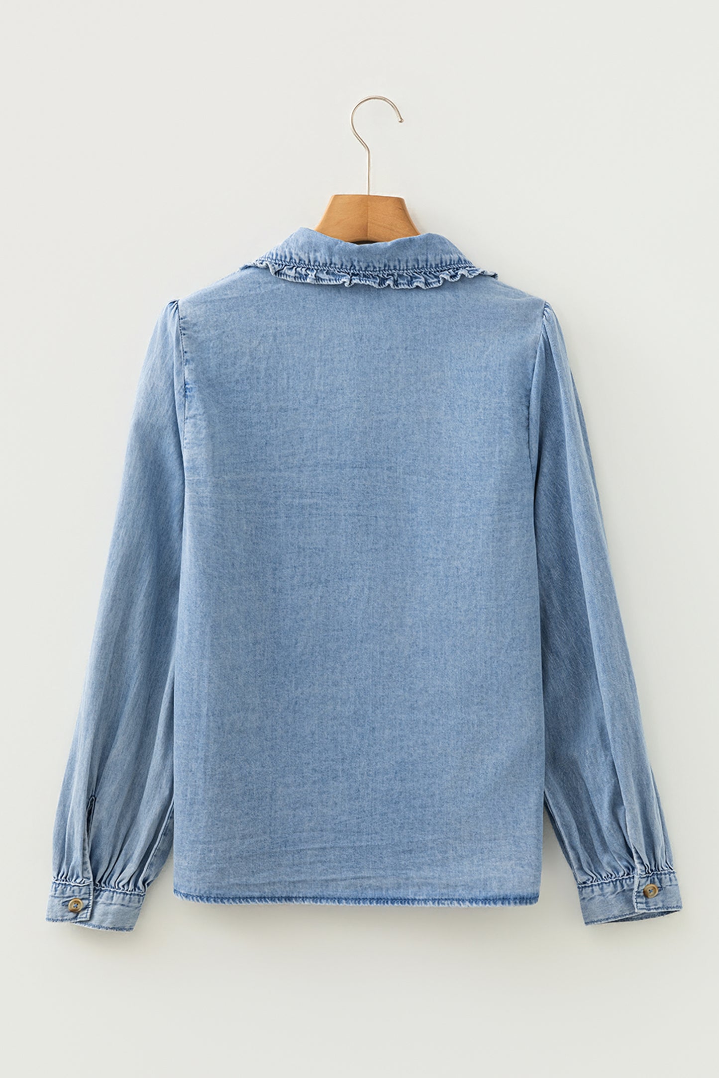 Beau Blue Ruffled Peter Pan Collar Western Denim Shirt-Tops/Blouses & Shirts-[Adult]-[Female]-2022 Online Blue Zone Planet