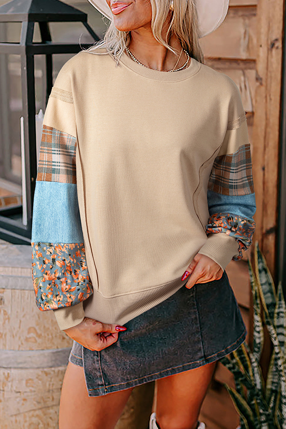 Smoke Gray Plaid Colorblock Patchwork Sleeve Raw Seam Sweatshirt-Tops/Sweatshirts & Hoodies-[Adult]-[Female]-Smoke Gray-S-2022 Online Blue Zone Planet