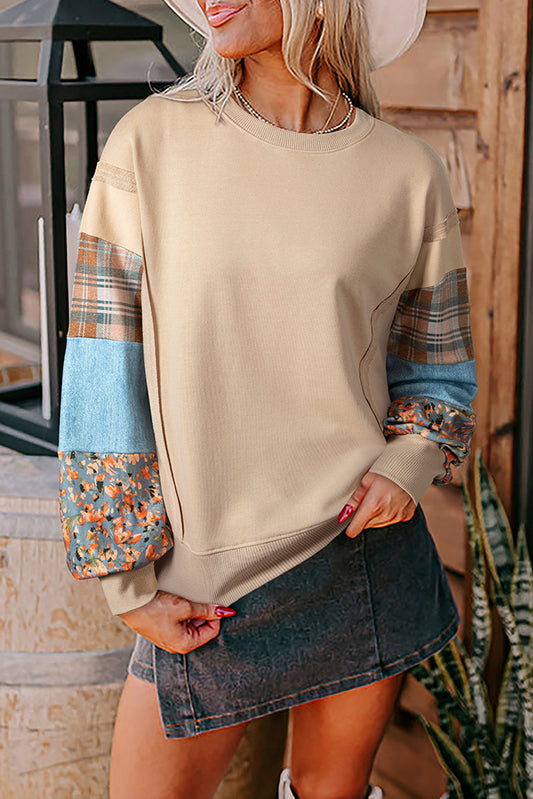 Smoke Gray Plaid Colorblock Patchwork Sleeve Raw Seam Sweatshirt-Tops/Sweatshirts & Hoodies-[Adult]-[Female]-Smoke Gray-S-2022 Online Blue Zone Planet