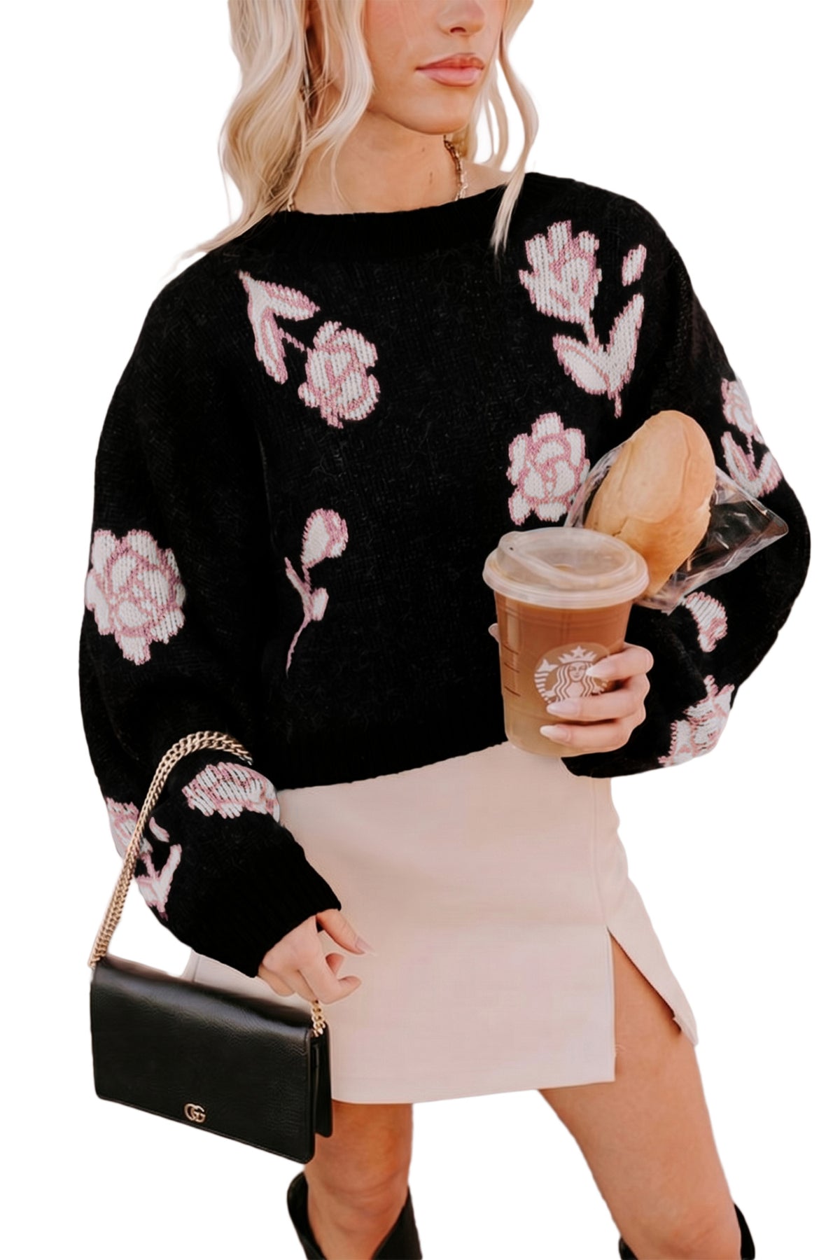 Black Floral Pattern Puff Sleeve Dropped Shoulder Pullover Sweater-Sweaters & Cardigans/Sweaters-[Adult]-[Female]-2022 Online Blue Zone Planet