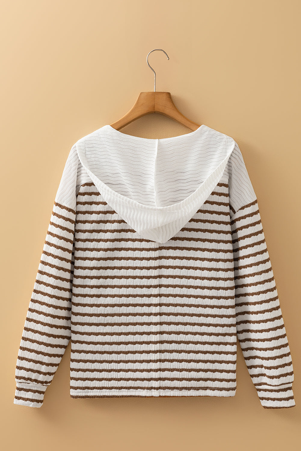 Khaki Stripe Textured Hooded V Neck Casual Long Sleeve Top-Tops / Dresses-[Adult]-[Female]-2022 Online Blue Zone Planet